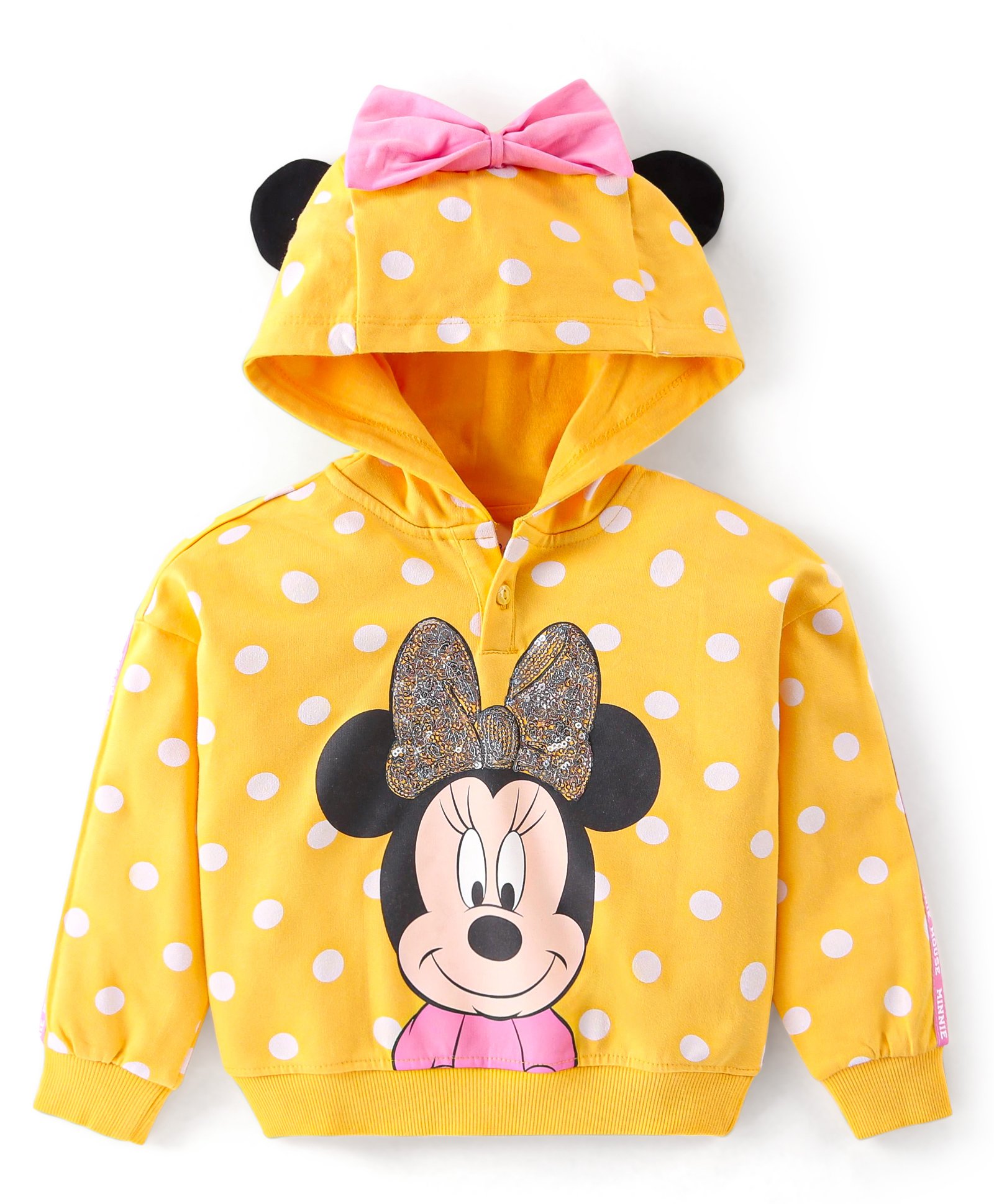 Babyhug Disney Cotton Knit Hooded Sweatshirt With Minnie Mouse Graphics & Sequin Bow Embroidery Detailing - Yellow-image-5