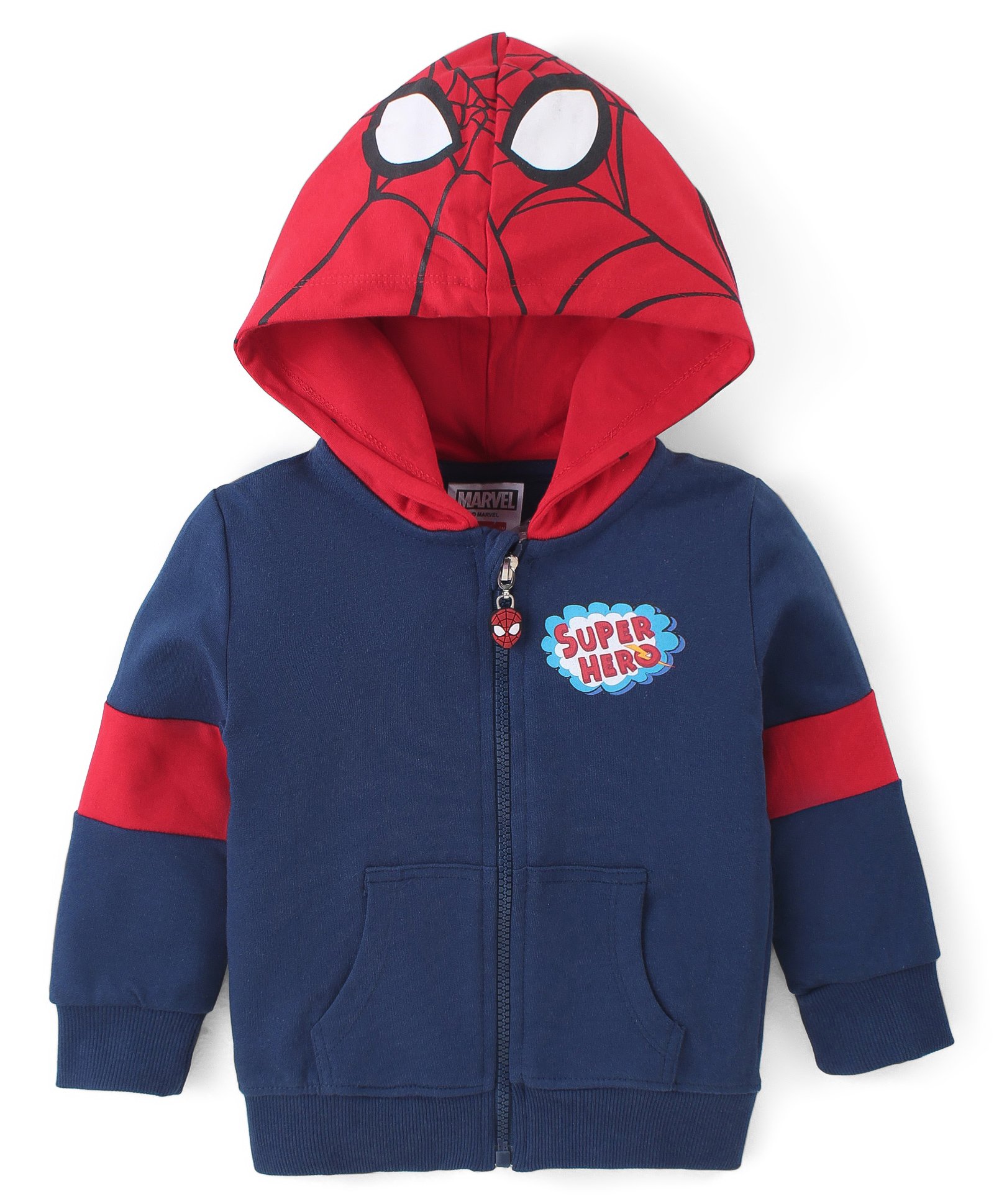 babyhug marvel Babyhug Marvels Cotton Knit Full Sleeves Front Open Hooded Sweat Jacket with Zipper & Spider Man Graphics - Navy Blue & Red-picture-28