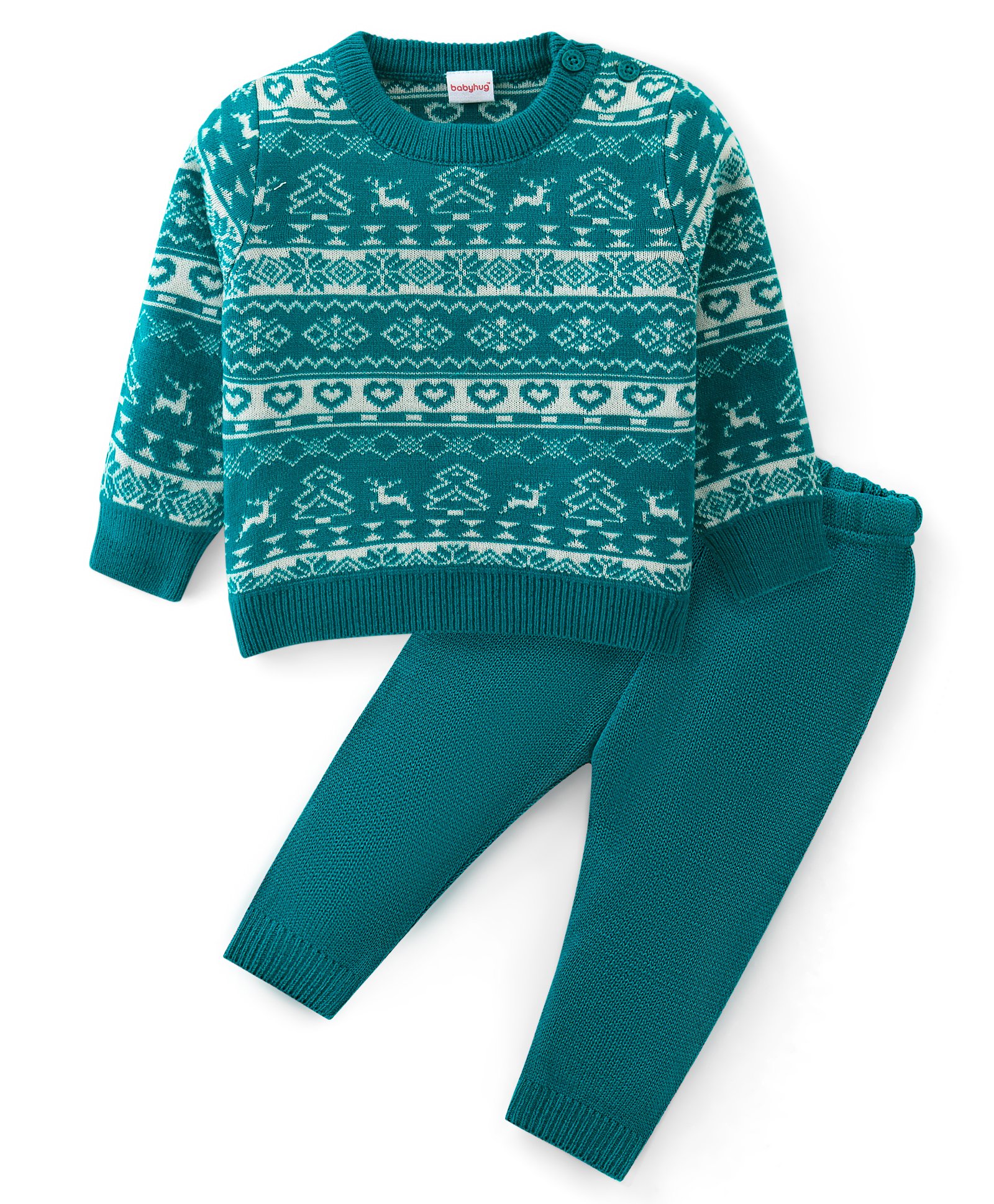Babyhug Knitted Full Sleeves Sweater Set with Aztec Design - Green-picture-19