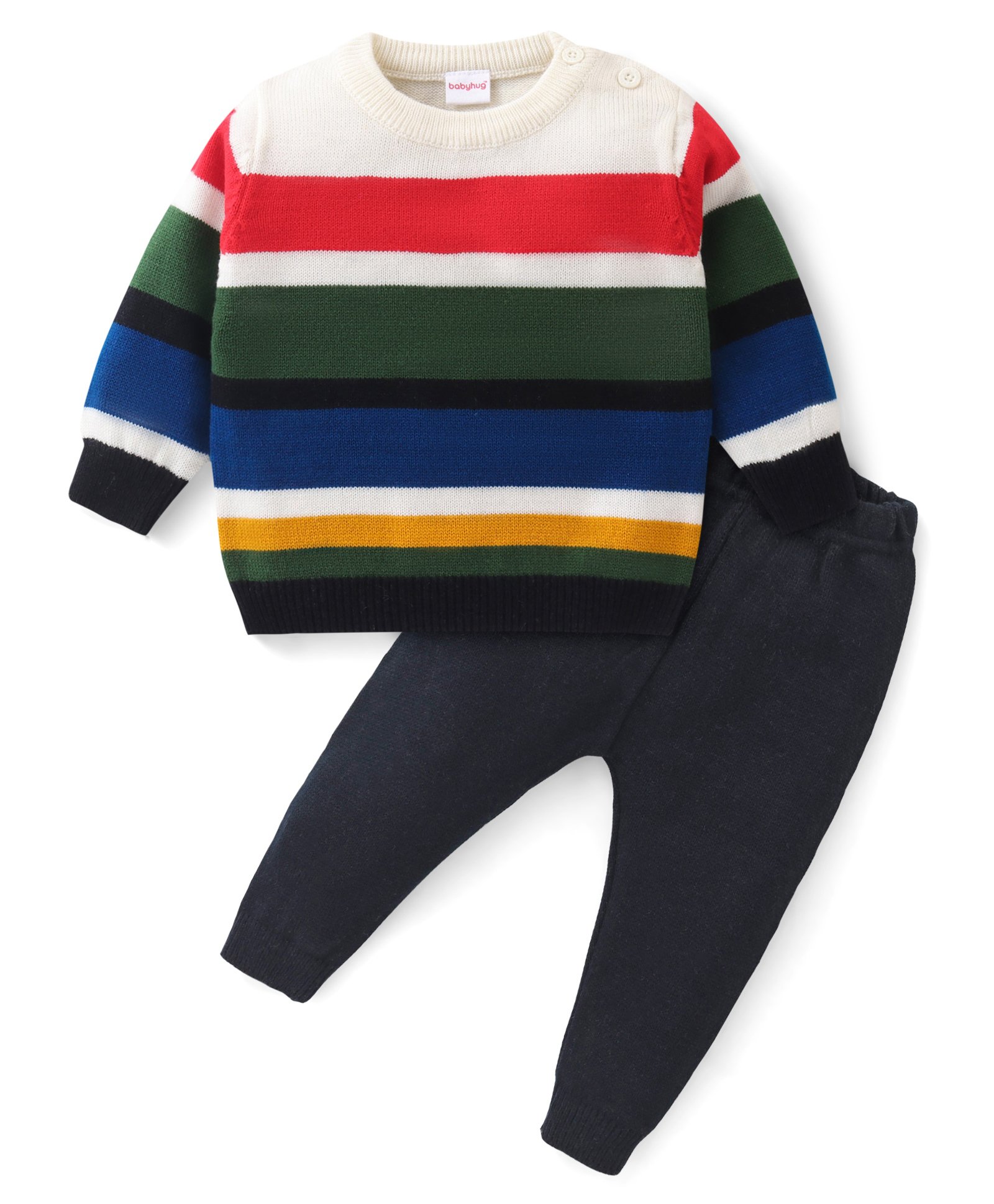 Babyhug Knitted Full Sleeves Sweater Set with Stripes Design - Multicolour-image-13