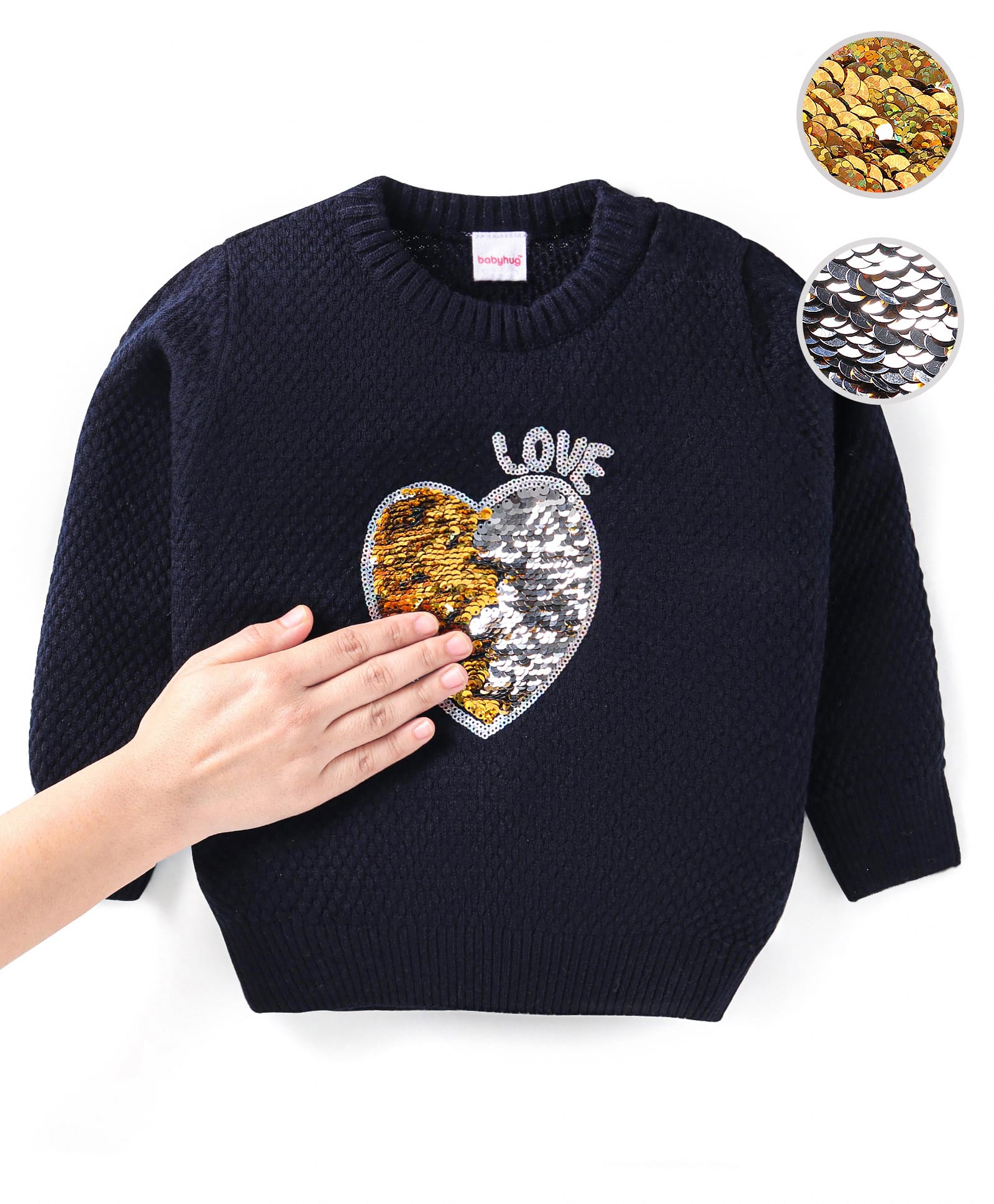 Babyhug Knitted Full Sleeves Pullover Sweater With Reversible Sequin Embroidery - Navy Blue-picture-12