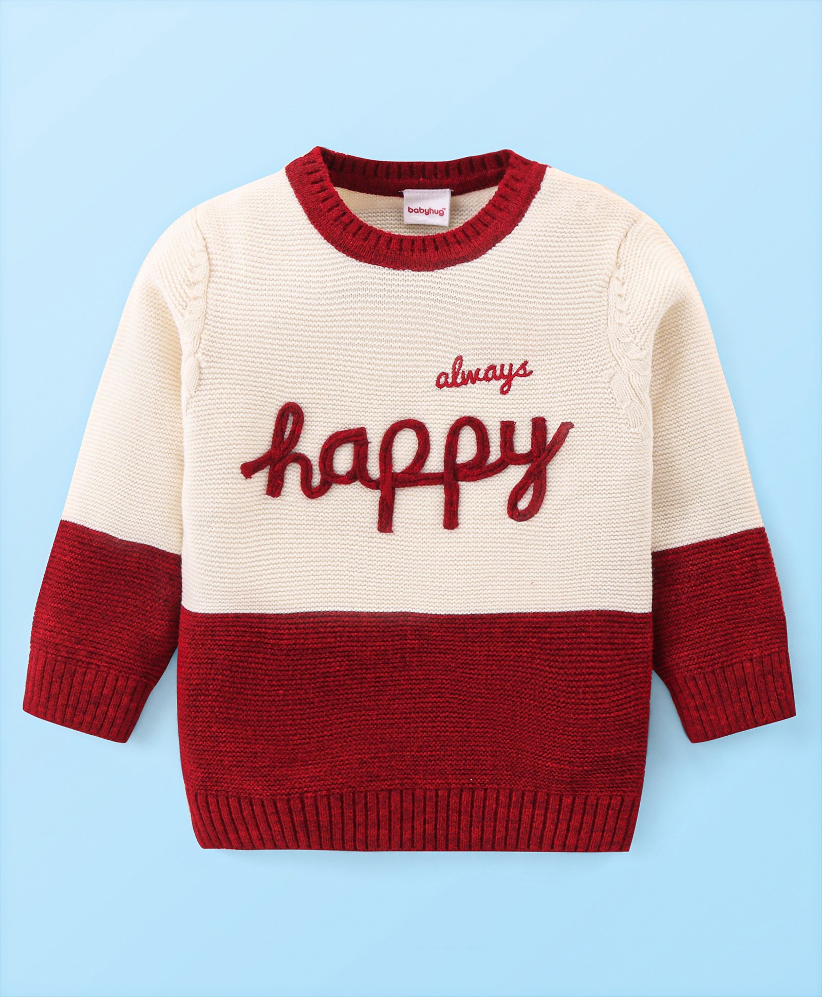 Babyhug Knitted Full Sleeves Pullover Sweater with Colour Block Design & Text Embroidery - Cream & Red-picture-22