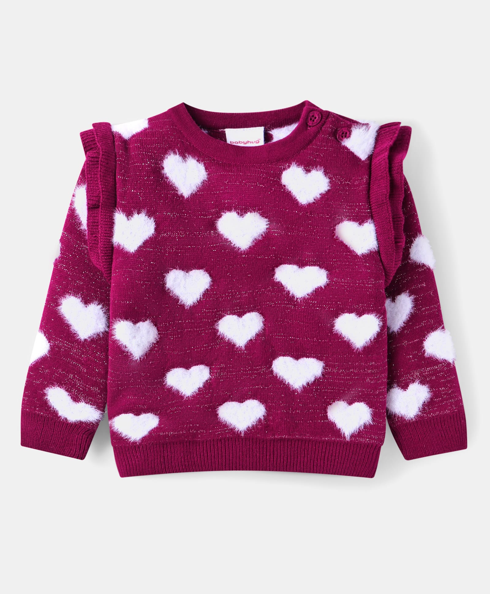 Babyhug Knitted Full Sleeves Pullover Sweater With Heart Design - Wine-image-8