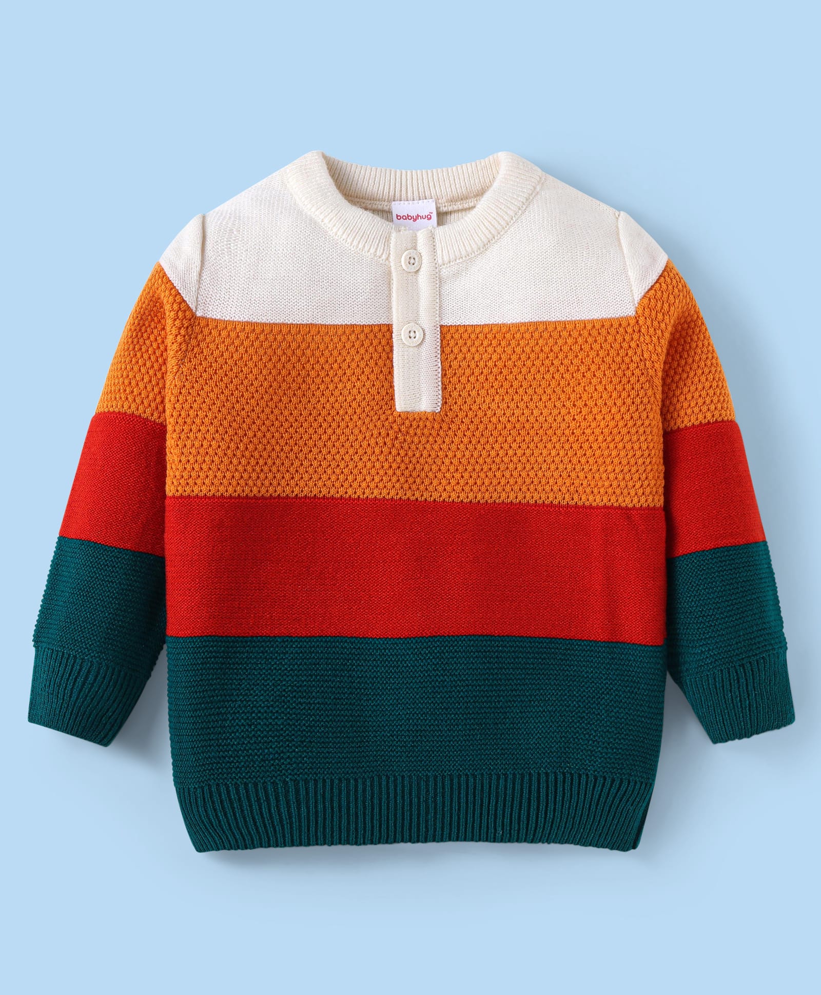 Babyhug Knit FullSleeves Pullover Sweater with Stripes Design - Orange Red & Dark Green-image-49