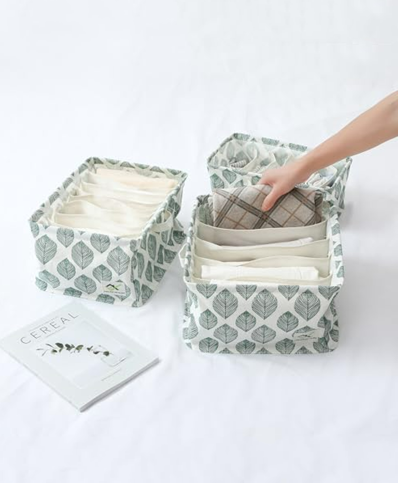 House of Quirk Set of 3 Underwear Organizer Set - 5/6/9-Compartment Dividers for Closet & Drawer (White/Green Leaf)-picture-25