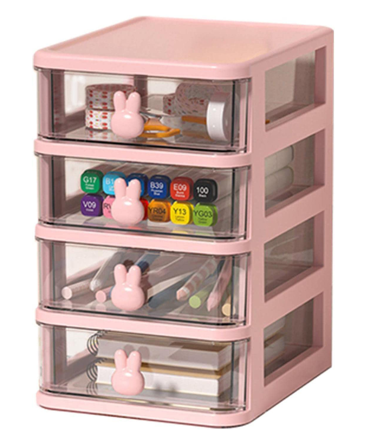 House of Quirk 4 Tier Transparent Cosmetic Jewelry Box, Office Desktop Drawer Storage Box, Plastic Multi-Layer Small Storage Box (Pink)-picture-33