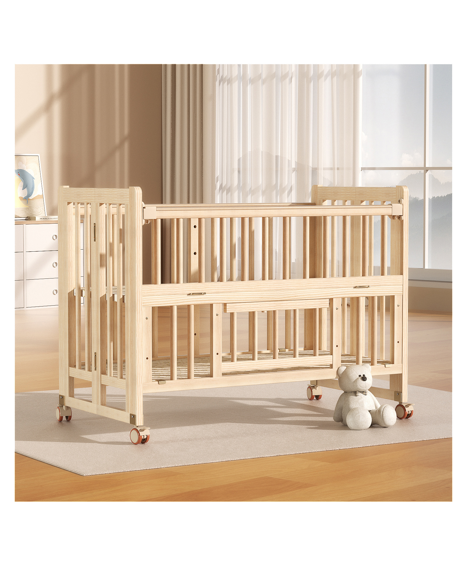 Foldable Baby Cot cum Rocking Bed with Storage - Light Brown-image-45