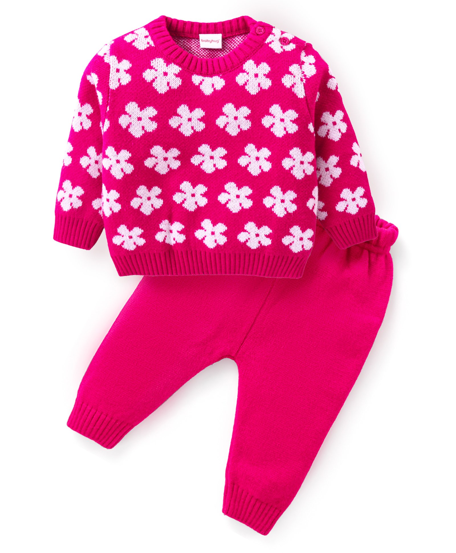 Babyhug Knitted Full Sleeves Pullover Sweater Set With Floral Design- Pink-image-34
