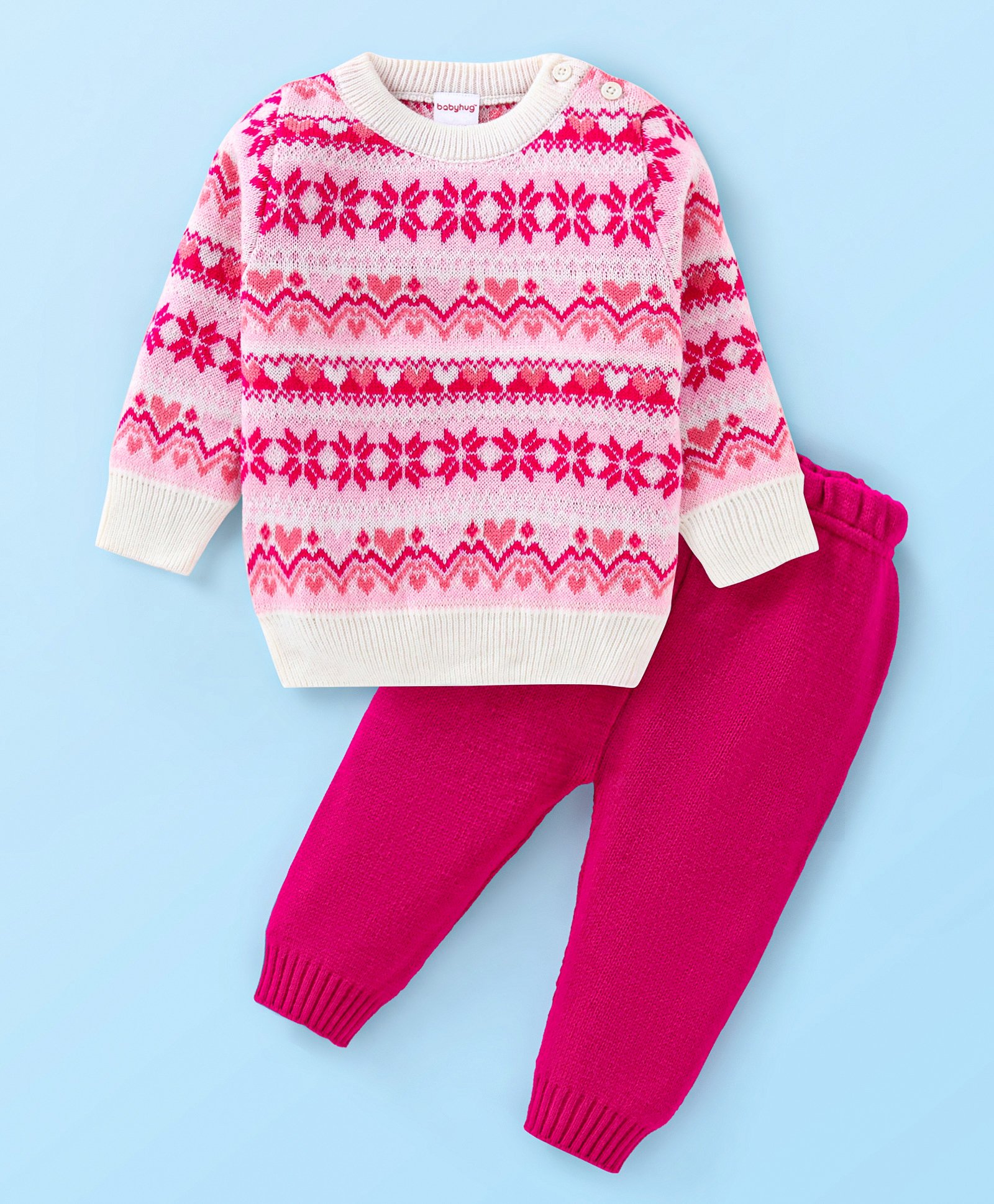 Babyhug Knitted Full Sleeves Pullover Sweater Set With Heart Design - Dark Pink-image-30
