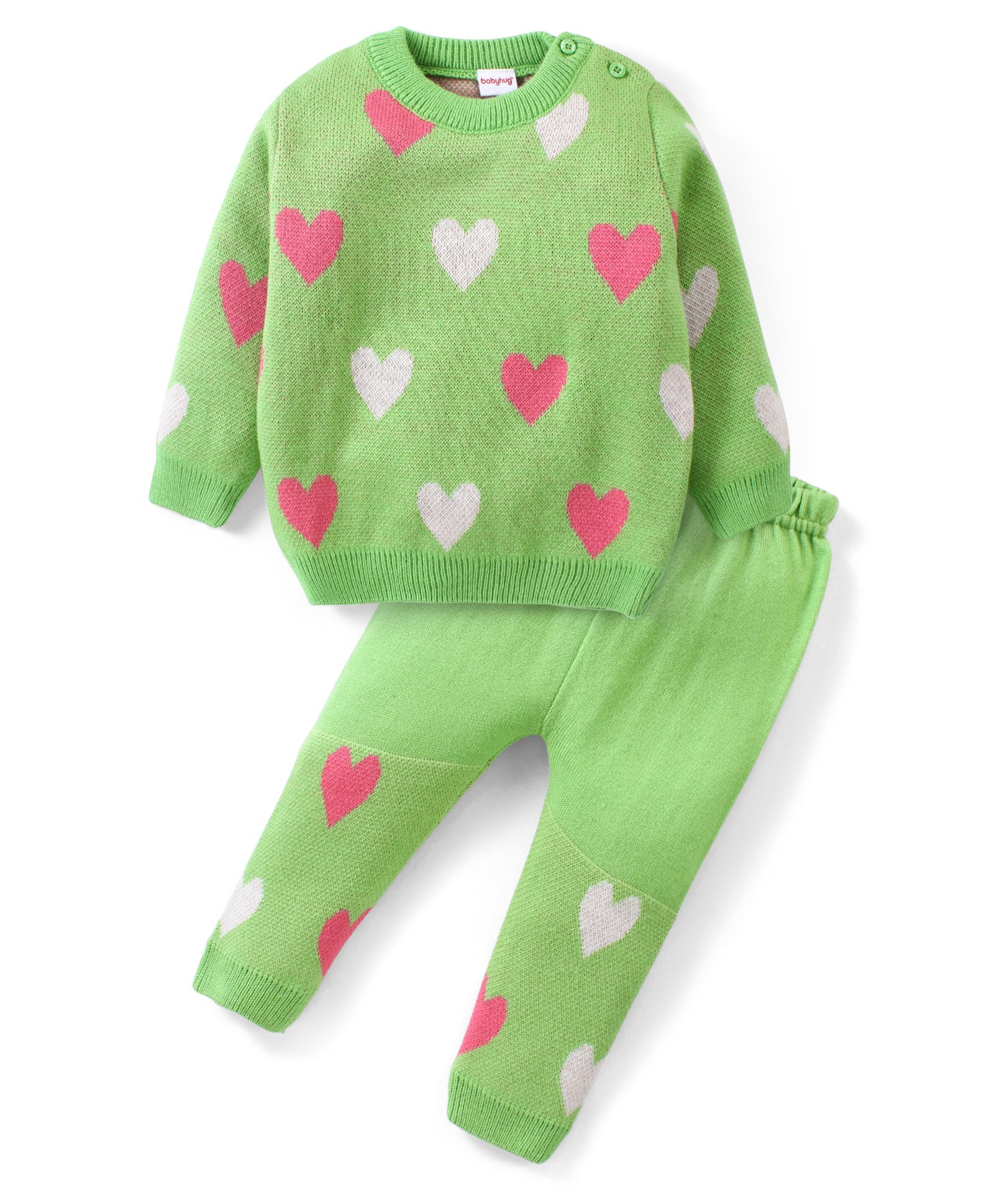 Babyhug Knit Full Sleeves Sweater Set With Hearts Design - Green-image-19