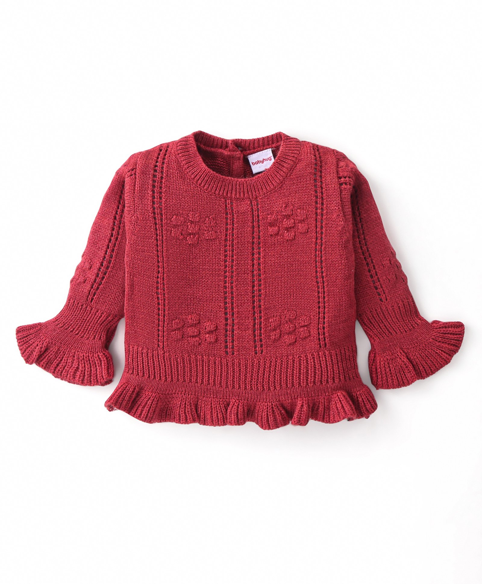Babyhug Knitted Full Bell Sleeves Pullover Sweater with Floral Design - Rust-image-40