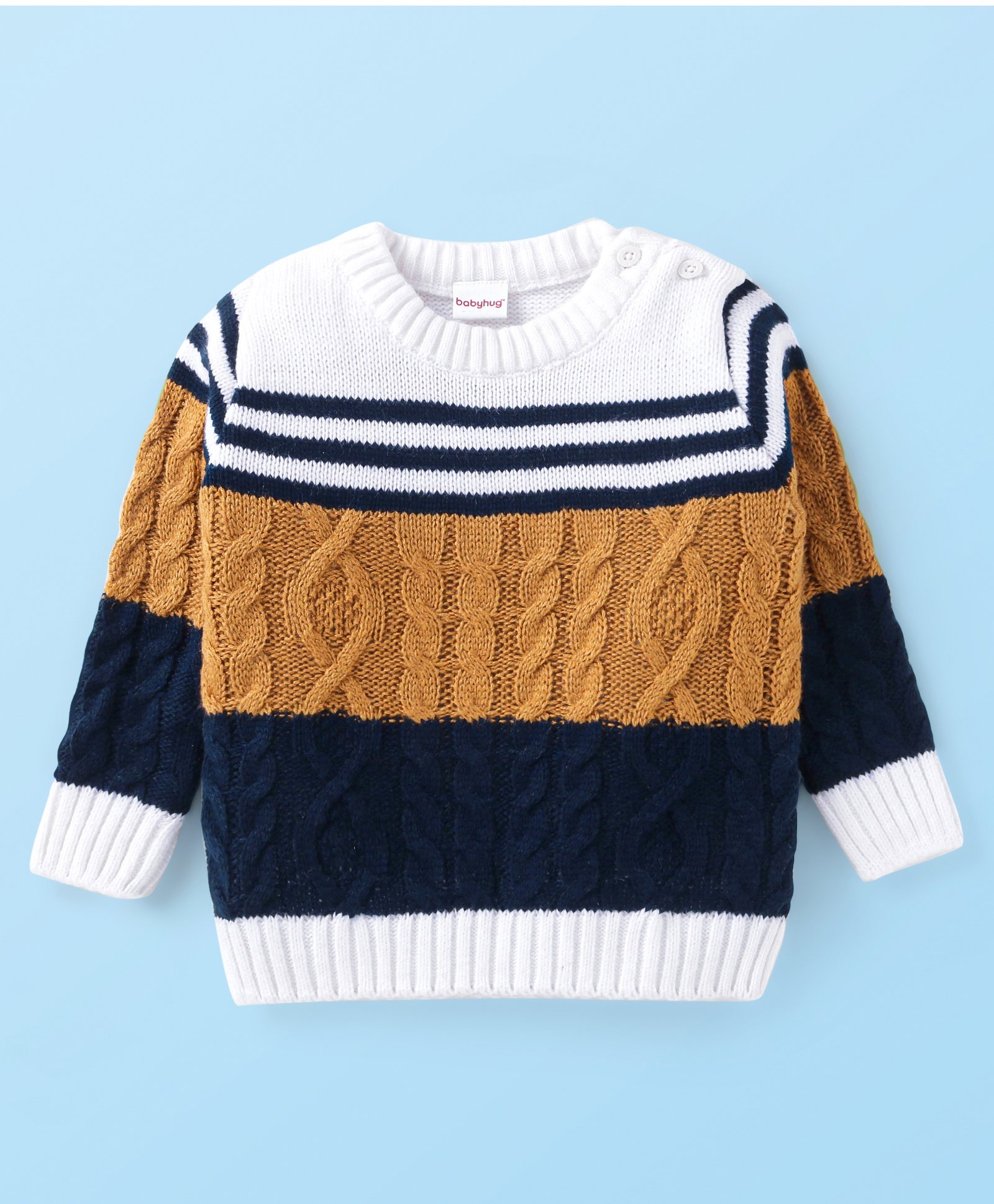 Babyhug Knitted Full Sleeves Pullover Sweater with Cable Knit & Striped Design - White Brown & Black-image-44