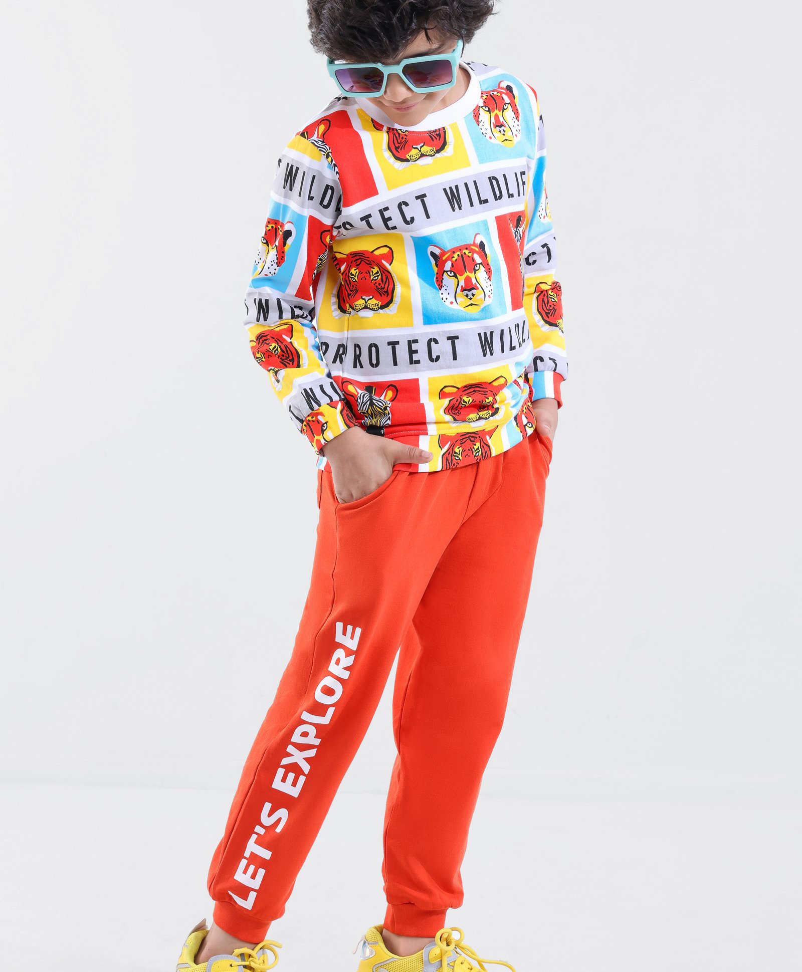 Ollington St. 100% Cotton Knit Full Sleeves Animal Printed Sweatshirt & Jogger Pants Set - Multicolor-image-7