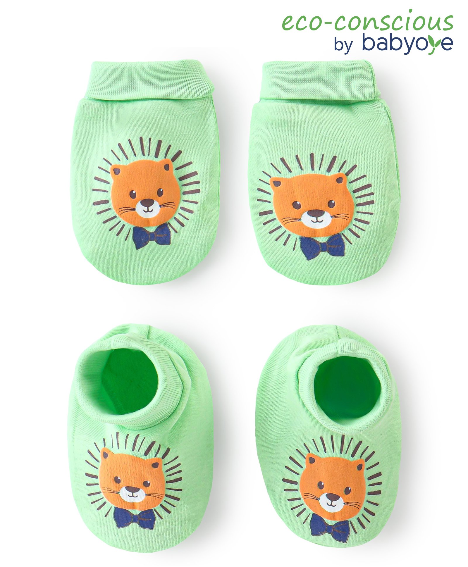 Babyoye 100% Interlock Cotton Knit With Eco-Jiva Finish Mittens and Booties with Lion Print - Green-image-40