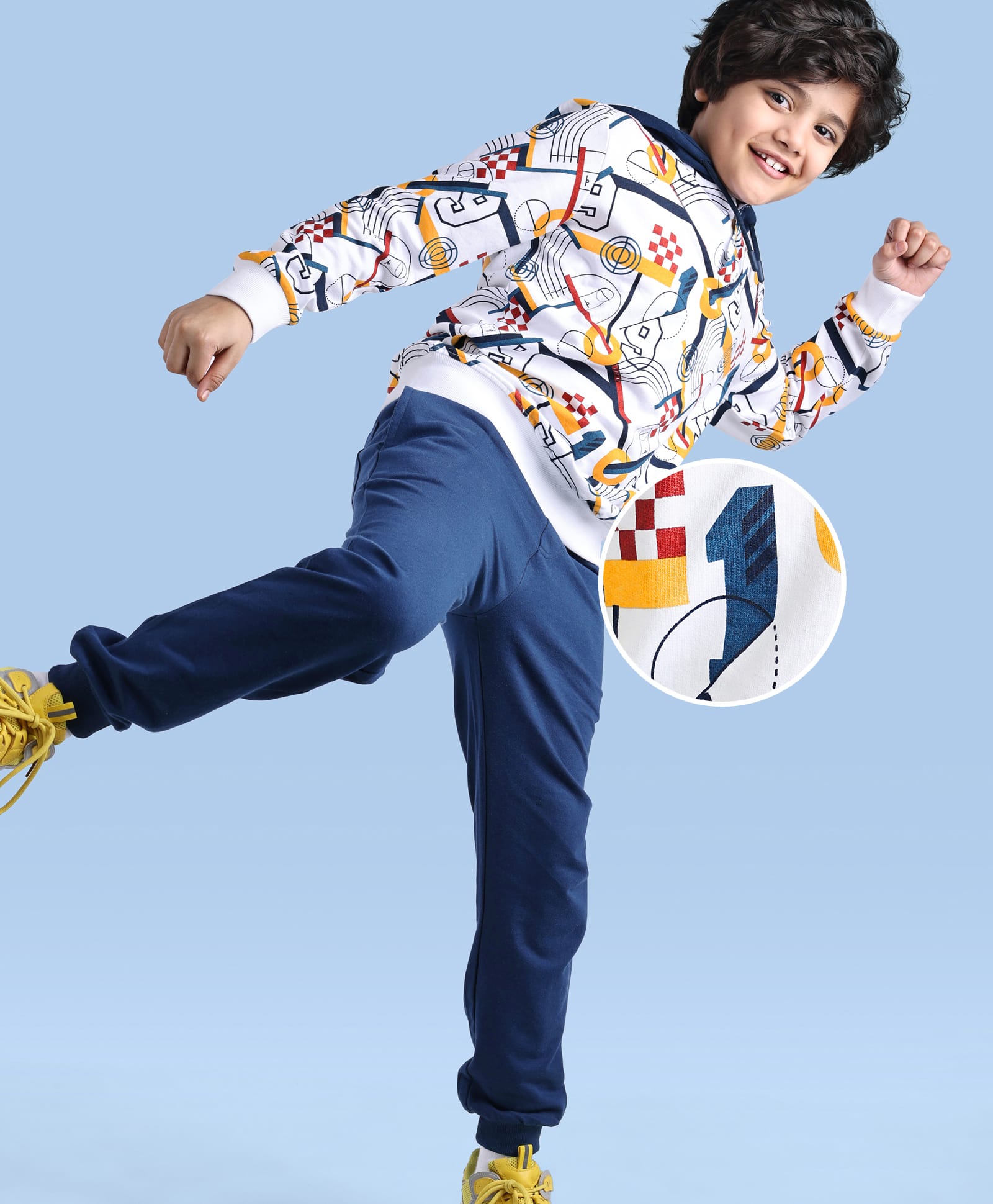 Ollington St. 100% Cotton Knit Full Sleeves Hooded Sweatshirt & Joggers Set with Number Print -White & Navy-image-19