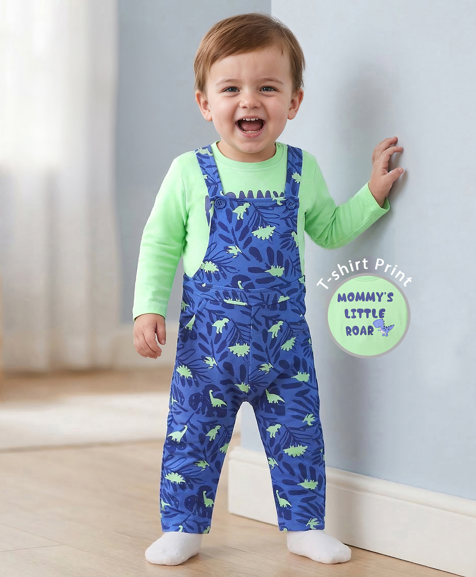 Babyoye 100% Cotton Knit with Eco Jiva Finish Dungaree with Full Sleeves T-Shirt Dino Print - Multicolour-picture-12