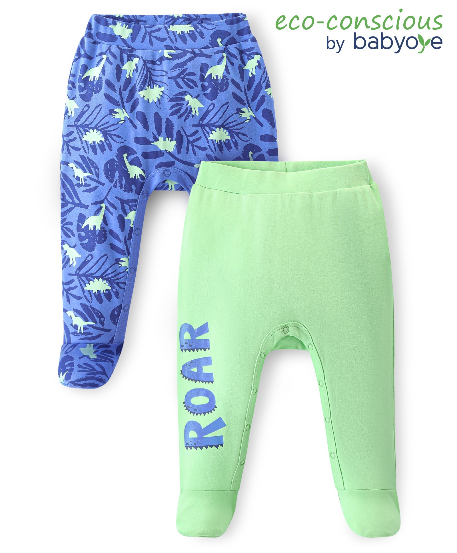 Babyoye 100% Cotton Eco Jiva Finish Footed Bootie Leggings Dino & Text Print With  Pack of 2 - Blue & Green-picture-15