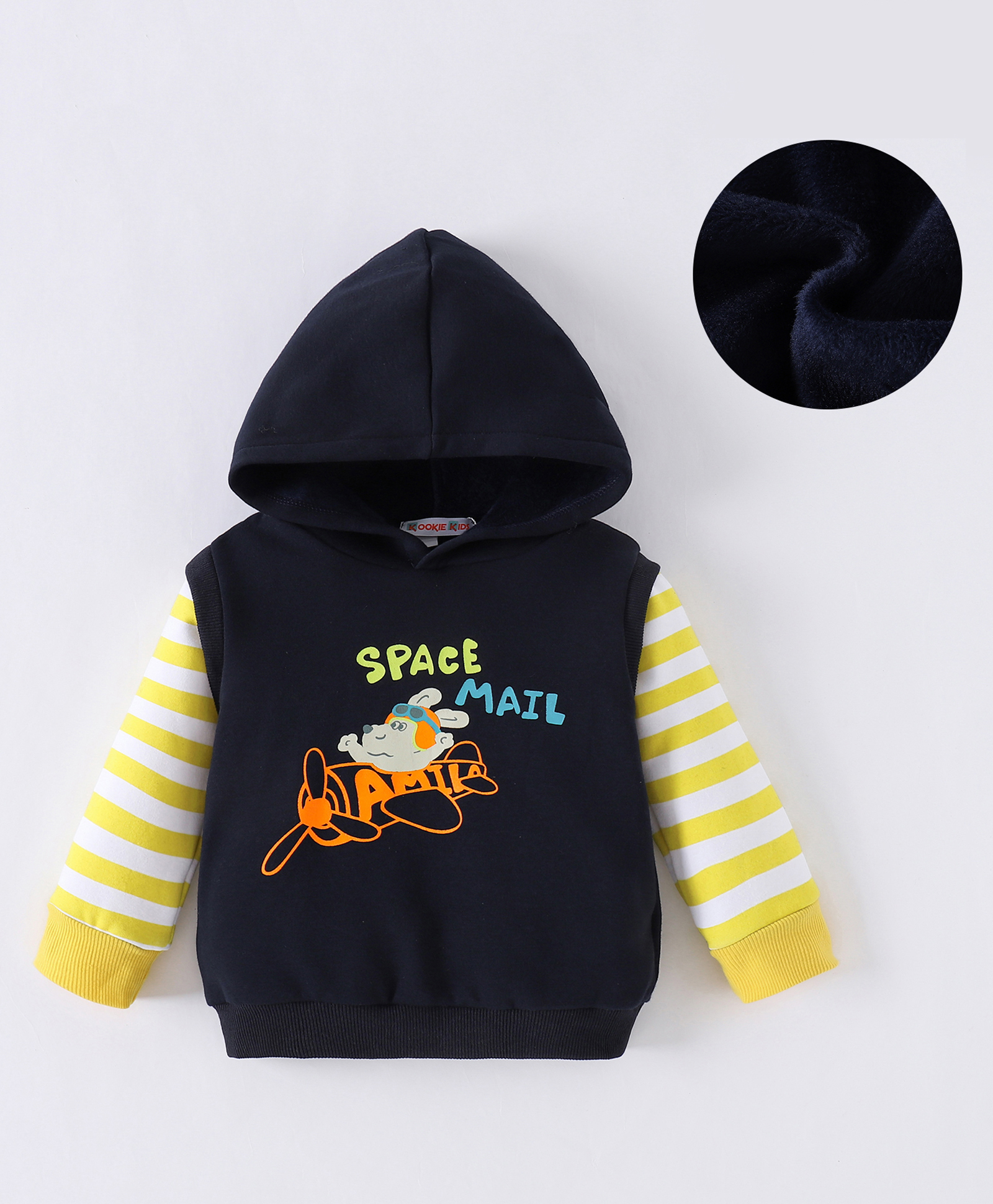 Kookie Kids Full Sleeves Hooded Sweatshirt With Stripes & Space Theme Print - Navy Blue-image-24