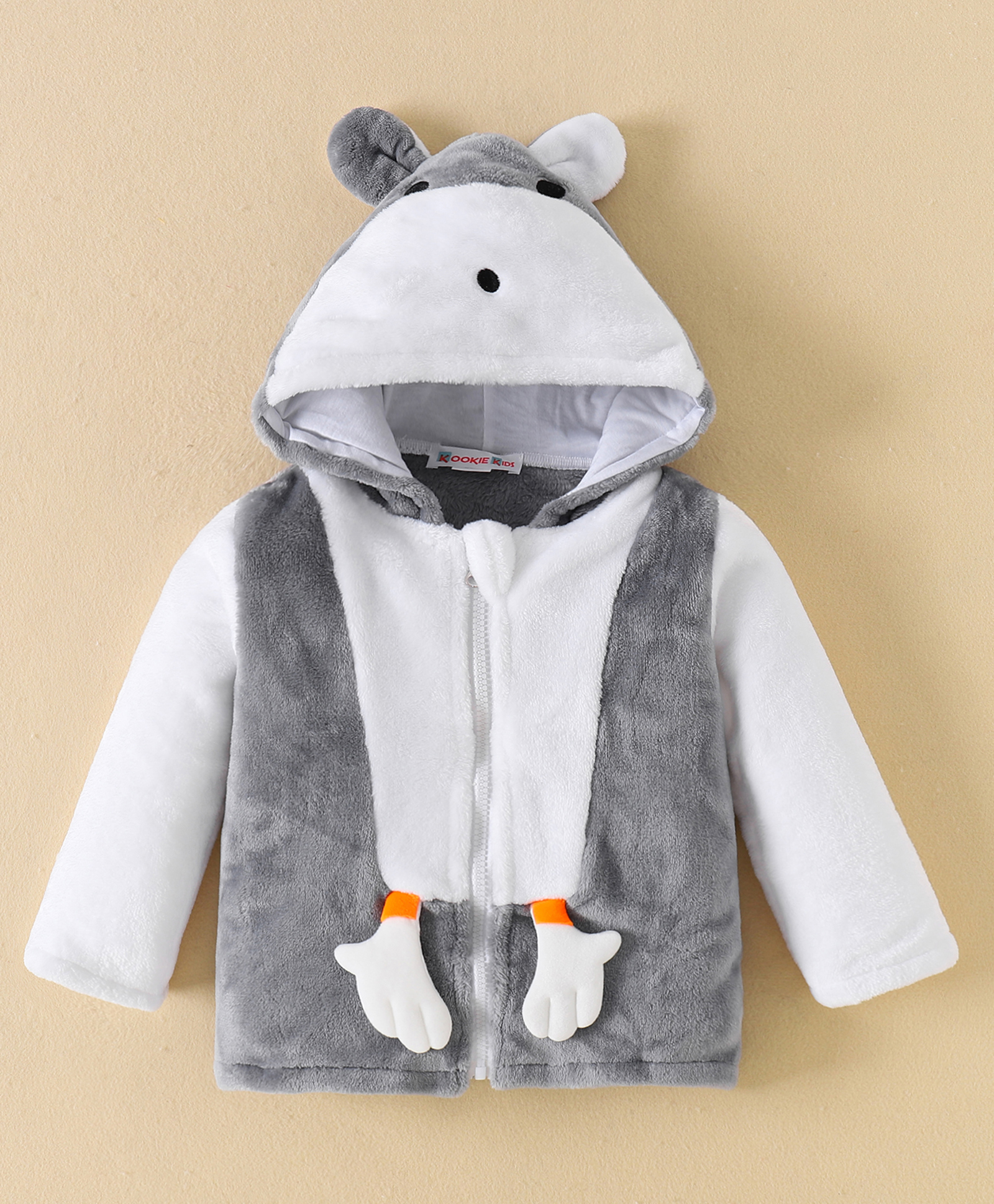 Kookie Kids Full Sleeves Hooded Front Open Sweatshirt With Animal Applique - Grey-picture-22