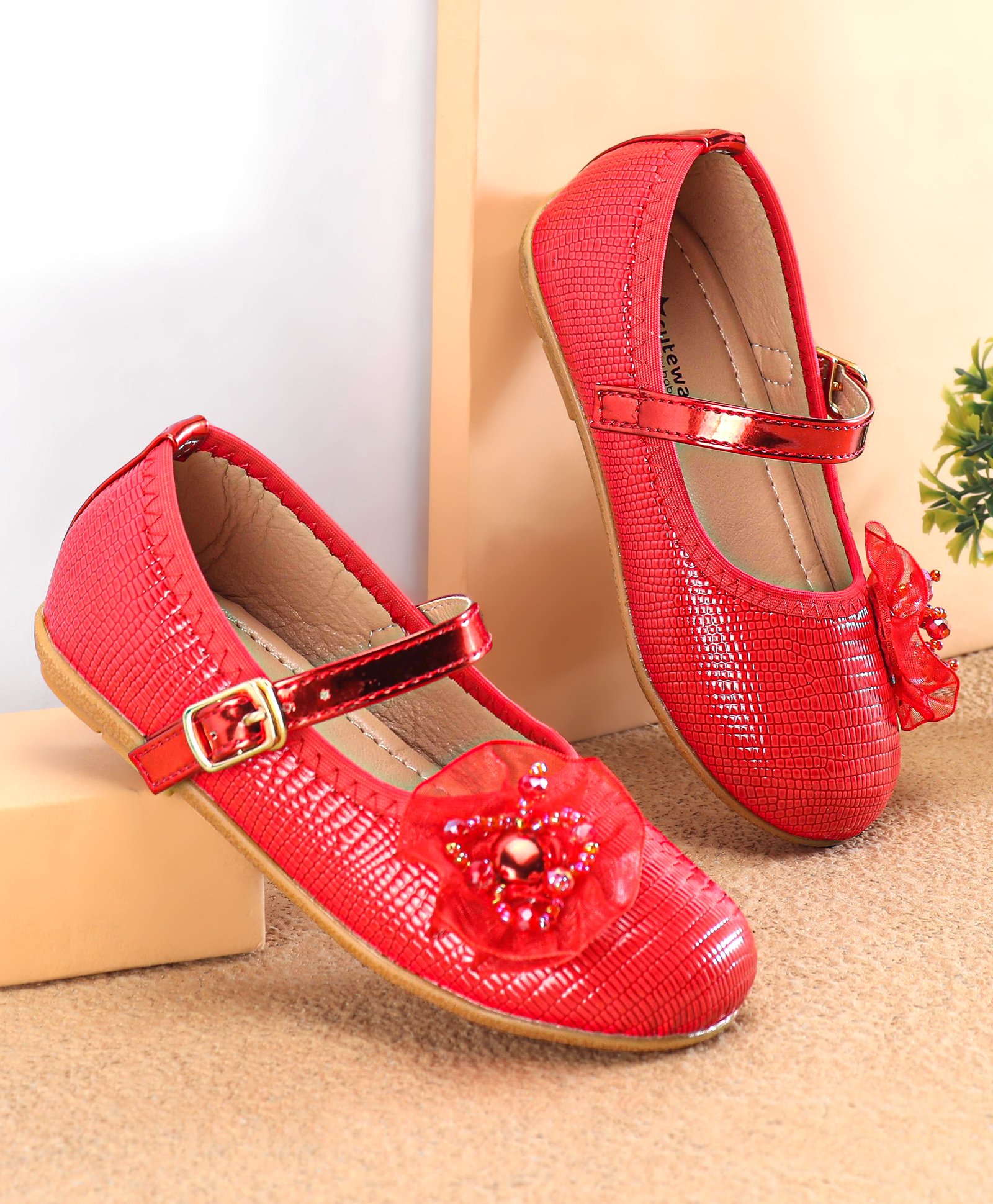 Cute Walk By Babyhug Ballerinas With Buckle Closure & Floral Applique - Red-image-40