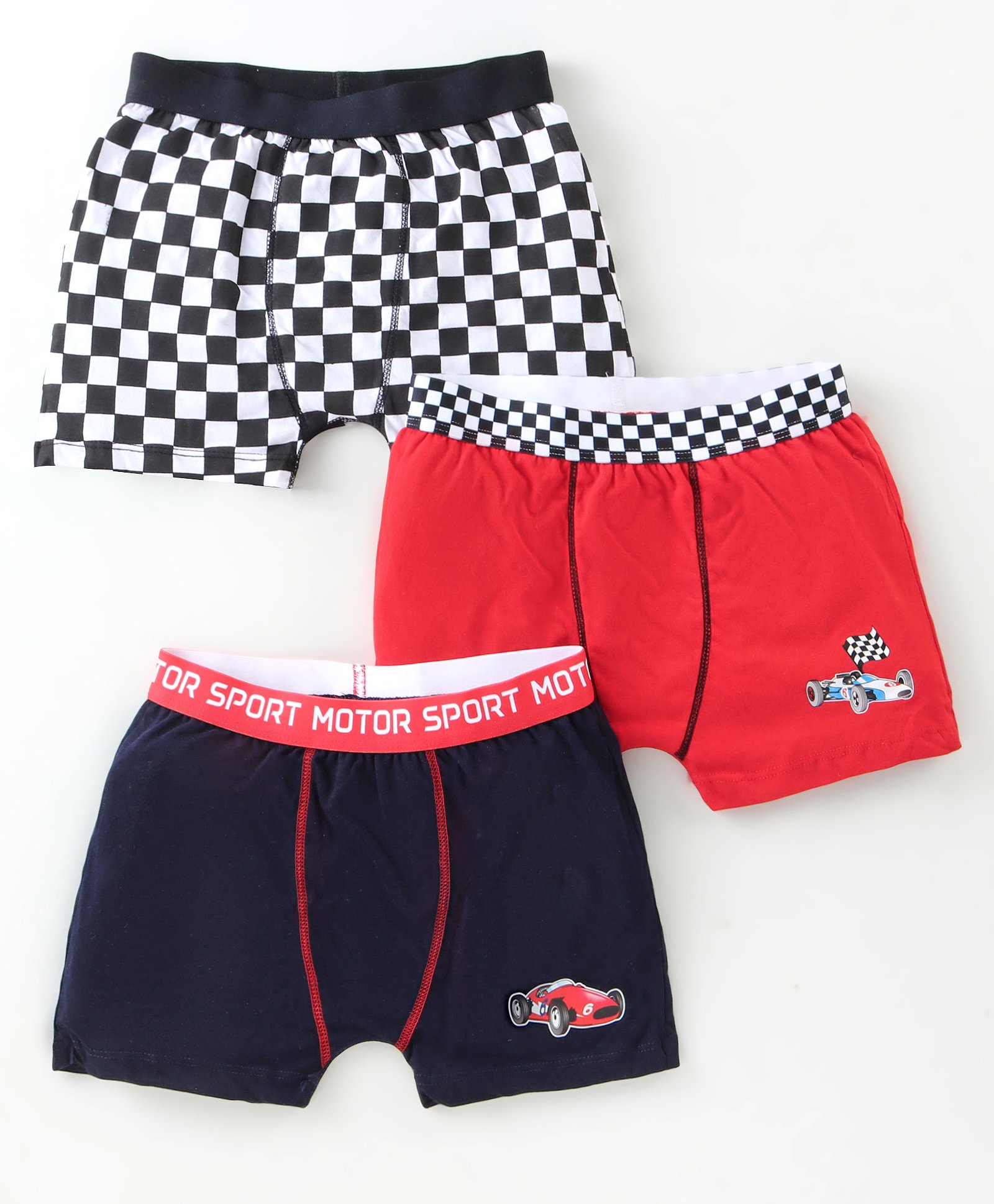 Bodycare Cotton Knit Trunks With Checks & Cars Print Pack of 3 -Black Navy Blue & Red-image-4
