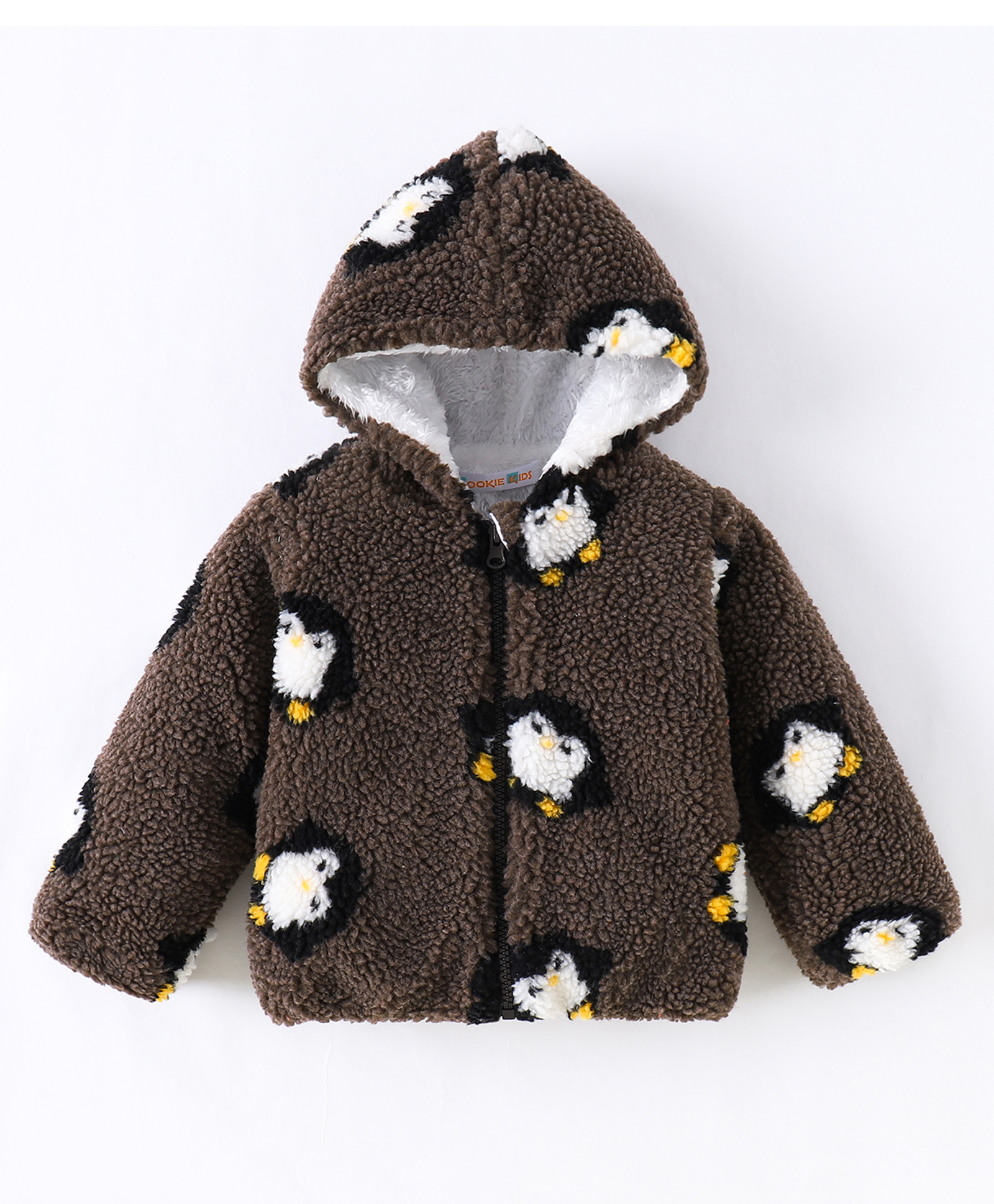 Kookie Kids Full Sleeves Hooded Front Open Sweatshirt With Penguin Design - Brown-image-28