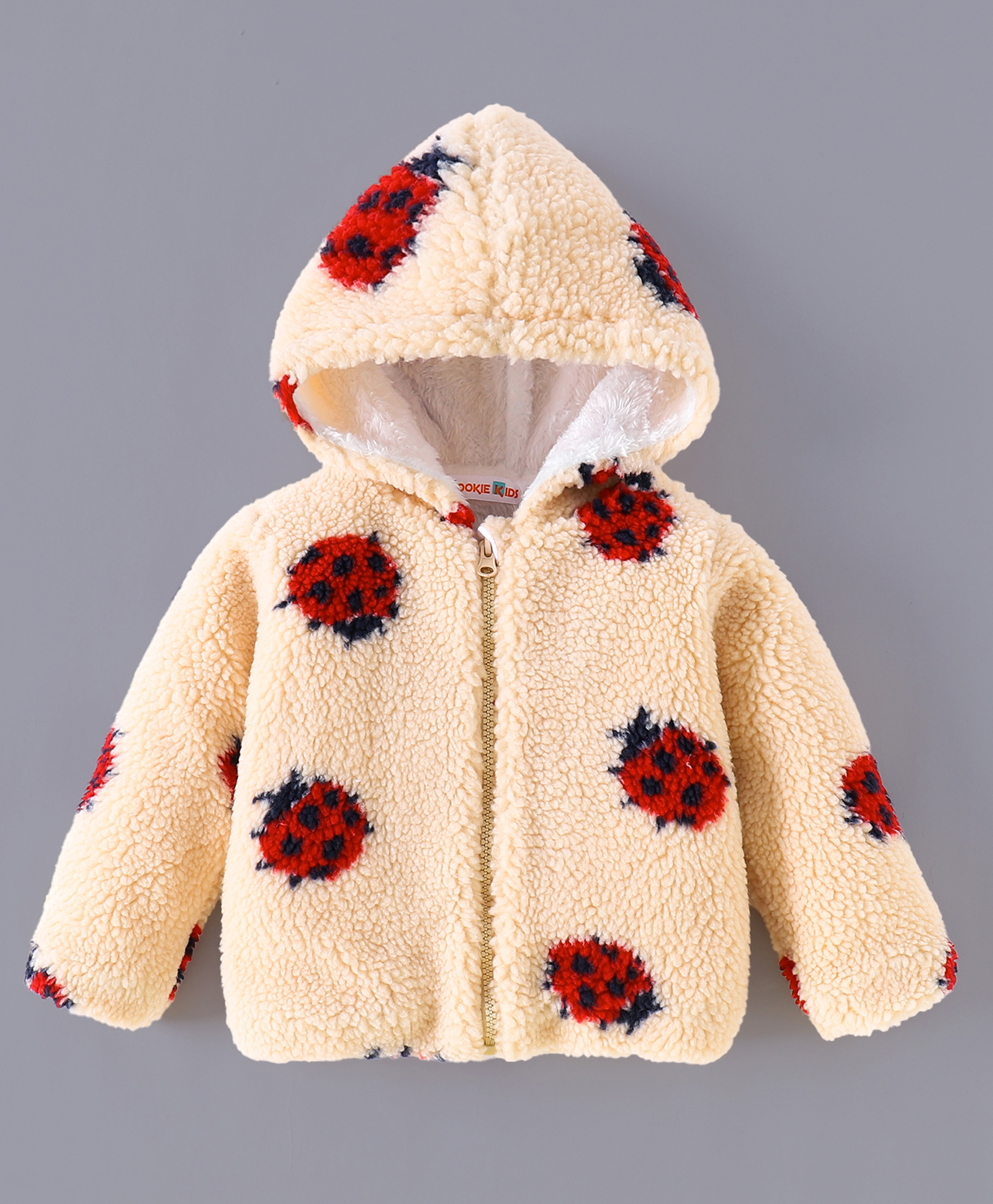 Kookie Kids Full Sleeves Hooded Front Open Sweatshirt With Ladybird Design - Beige-image-43