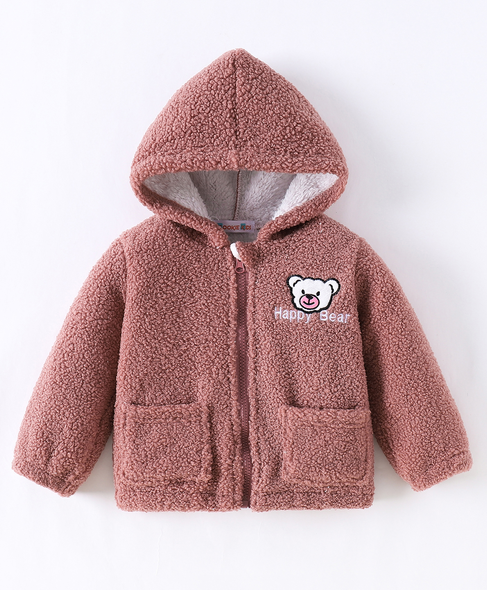 Kookie Kids Full Sleeves Hooded Front Open Sweatshirt With Bear Patch Detailing - Dark Pink-picture-11