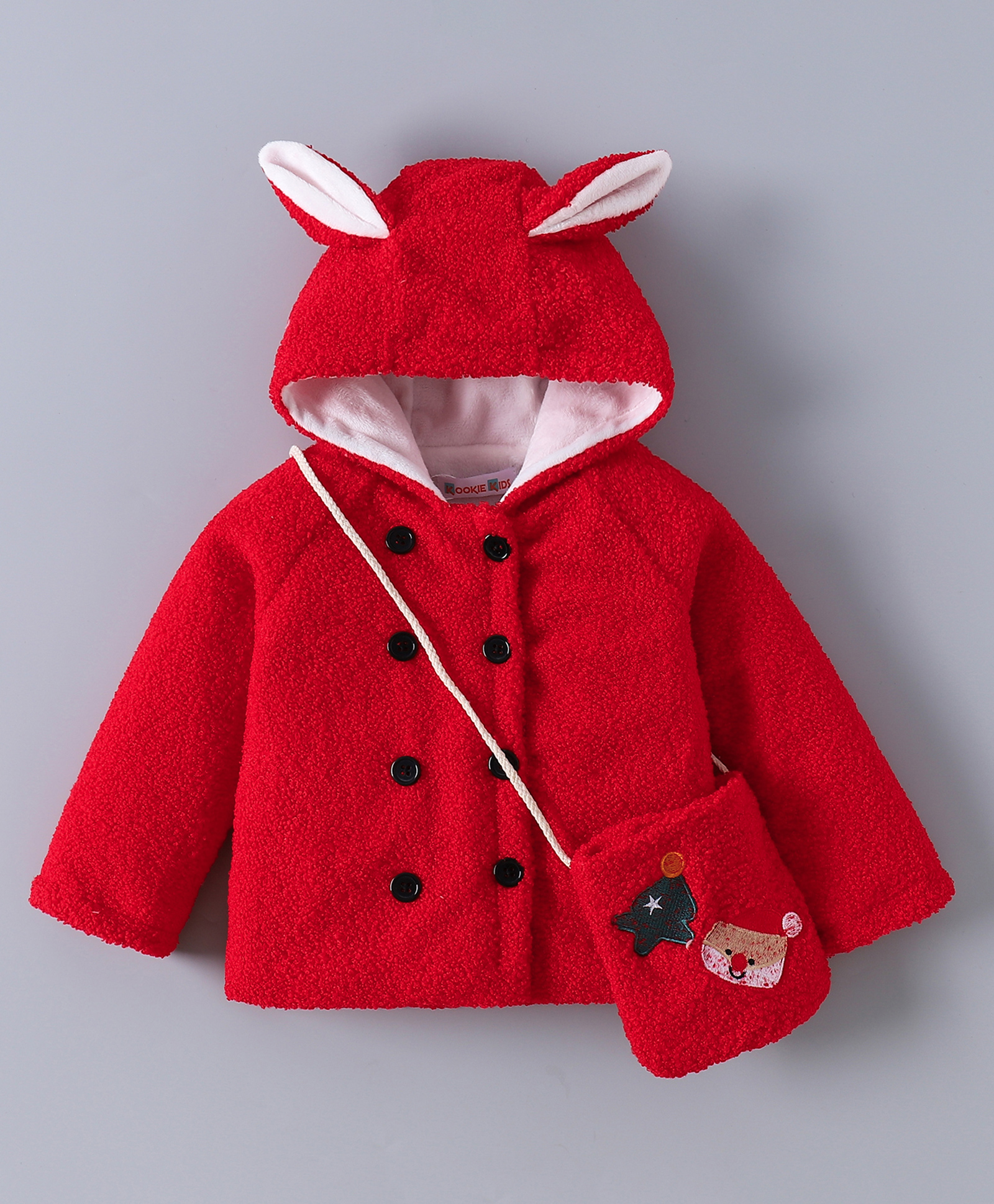 Kookie Kids Full Sleeves Hooded Sweatshirt With Ears Applique & Side Purse - Red-picture-18