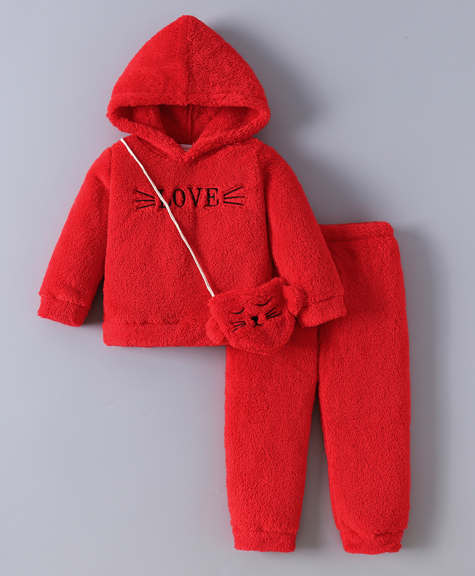 Kookie Kids Full Sleeves Hoodie & Lounge Pants Set With Text Embroidery & Sling - Red-image-7