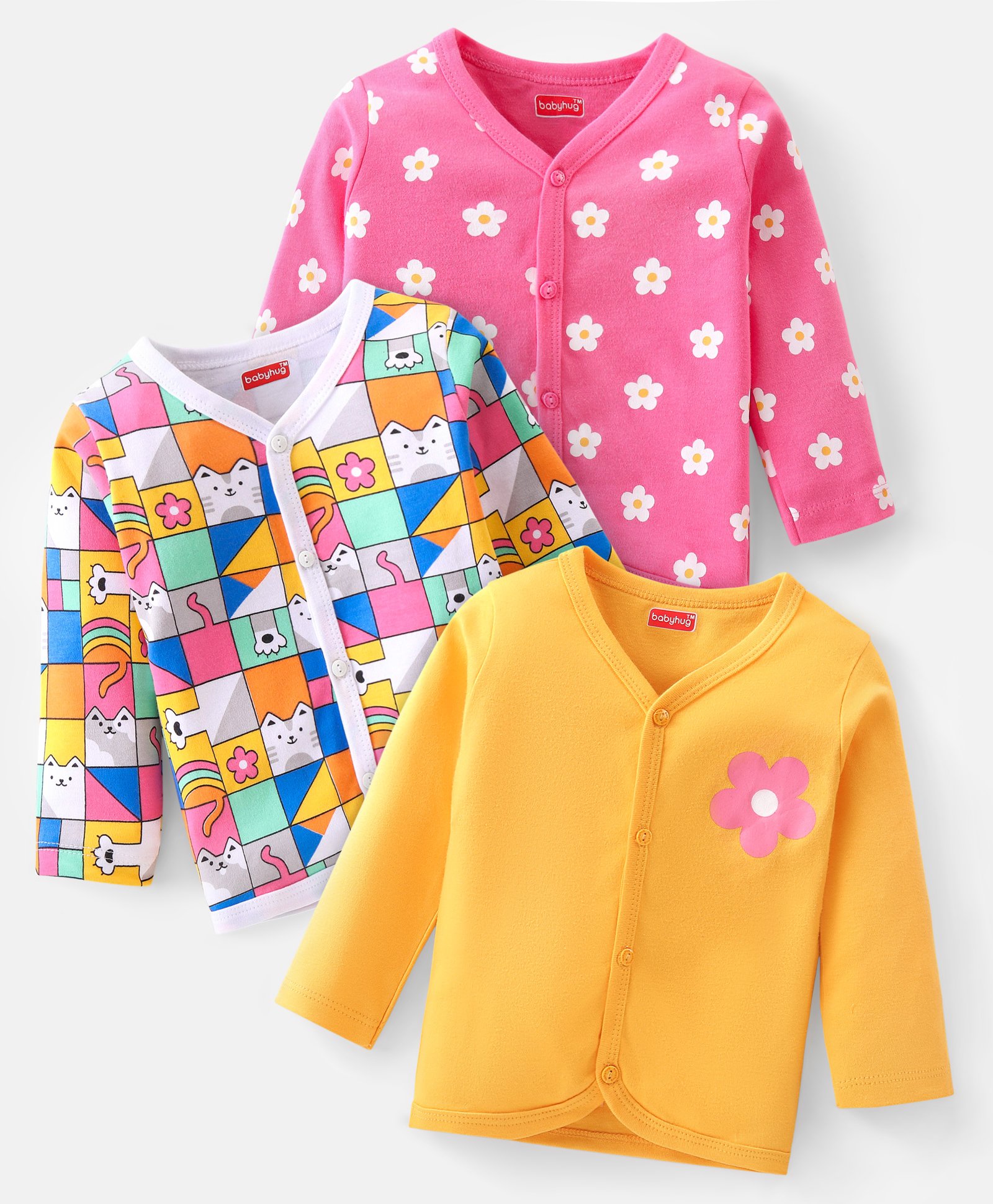 Babyhug 100% Cotton Knit Full Sleeves Front Open Vests Floral Print Pack of 3 - Multicolour-picture-22