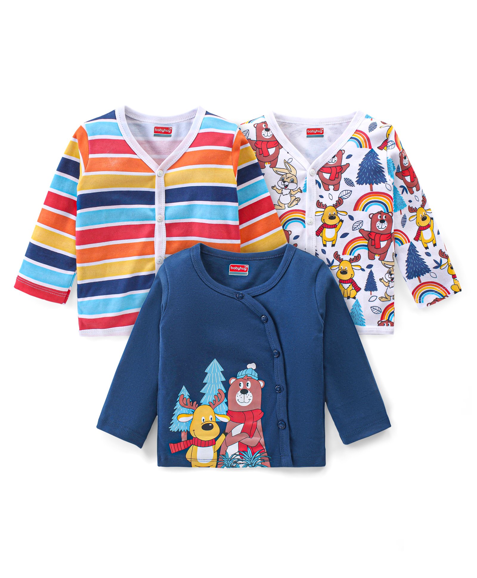 Babyhug Interlock Cotton Knit Full Sleeves Front Open Vests With Stripes & Animals Print Pack of 3 - White & Blue-image-43