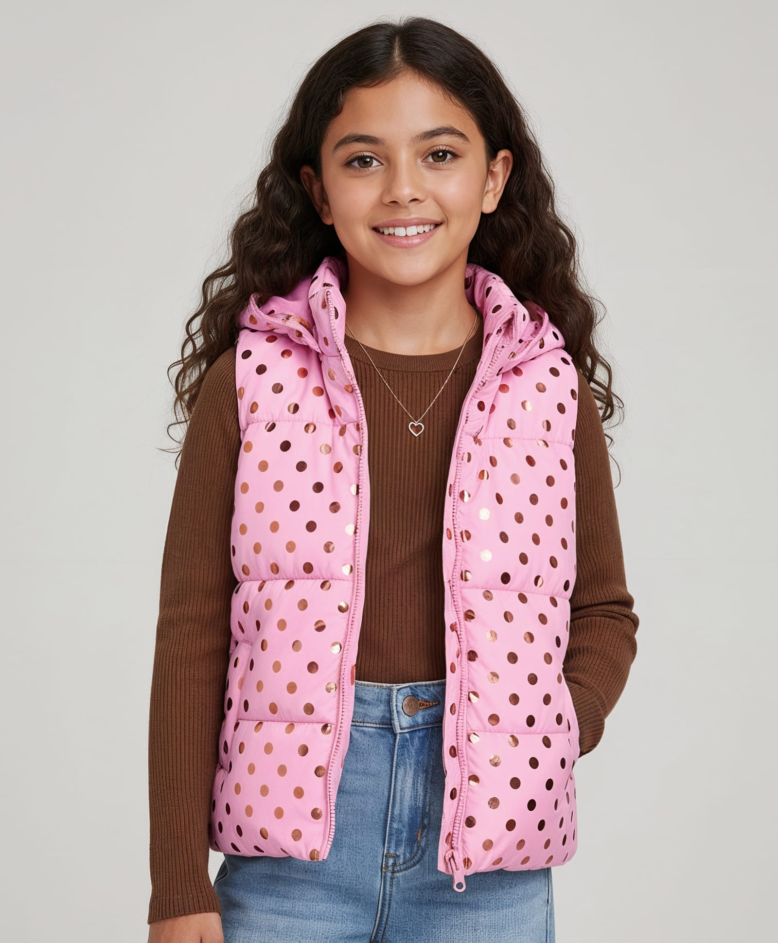 Pine Kids Sleeveless Padded Hooded Jacket with Foil Polka Dots Print - Baby Pink-picture-12