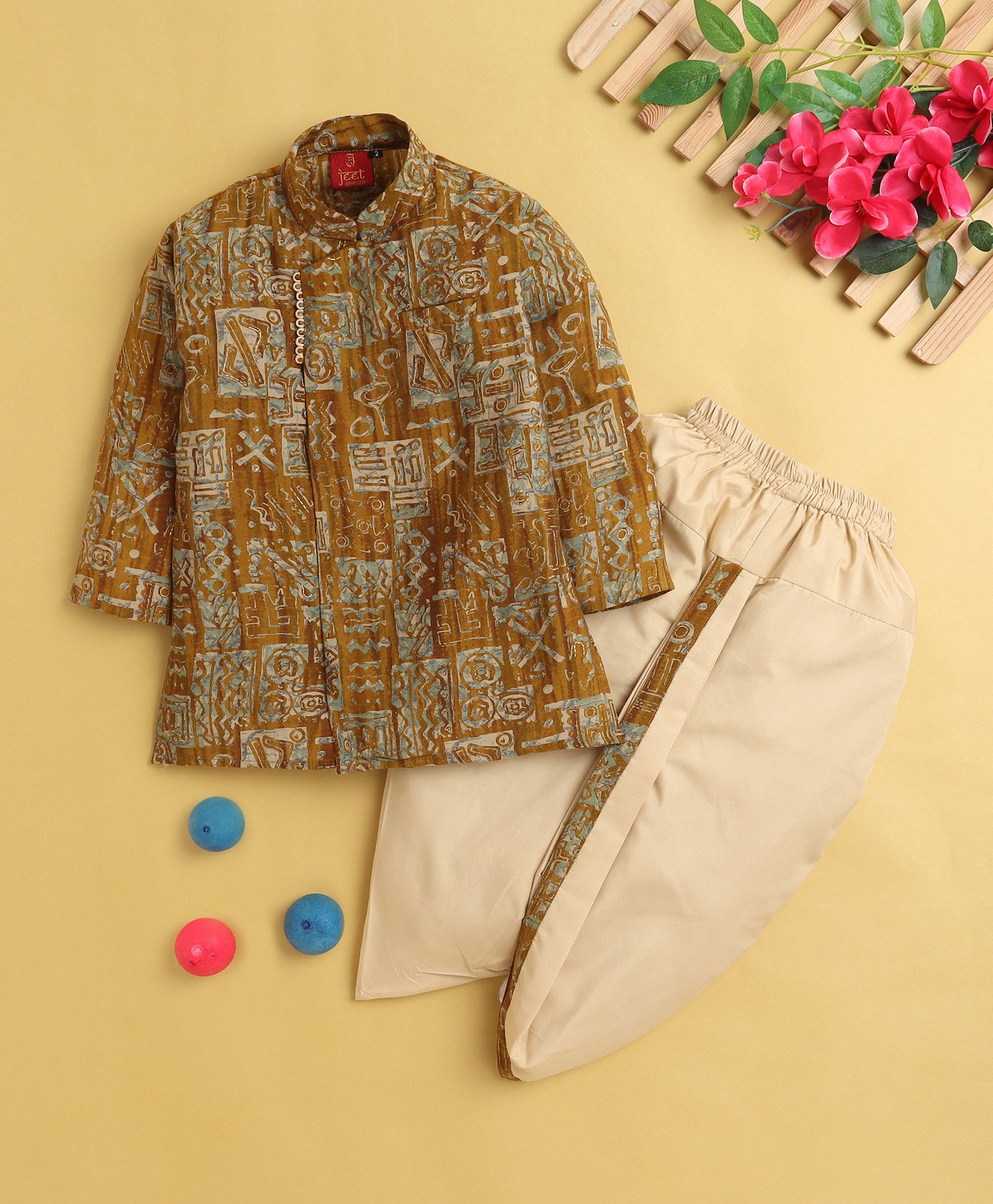 Jeet Ethnics Full Sleeves Abstract Printed Kurta Dhoti Set - Brown-image-21