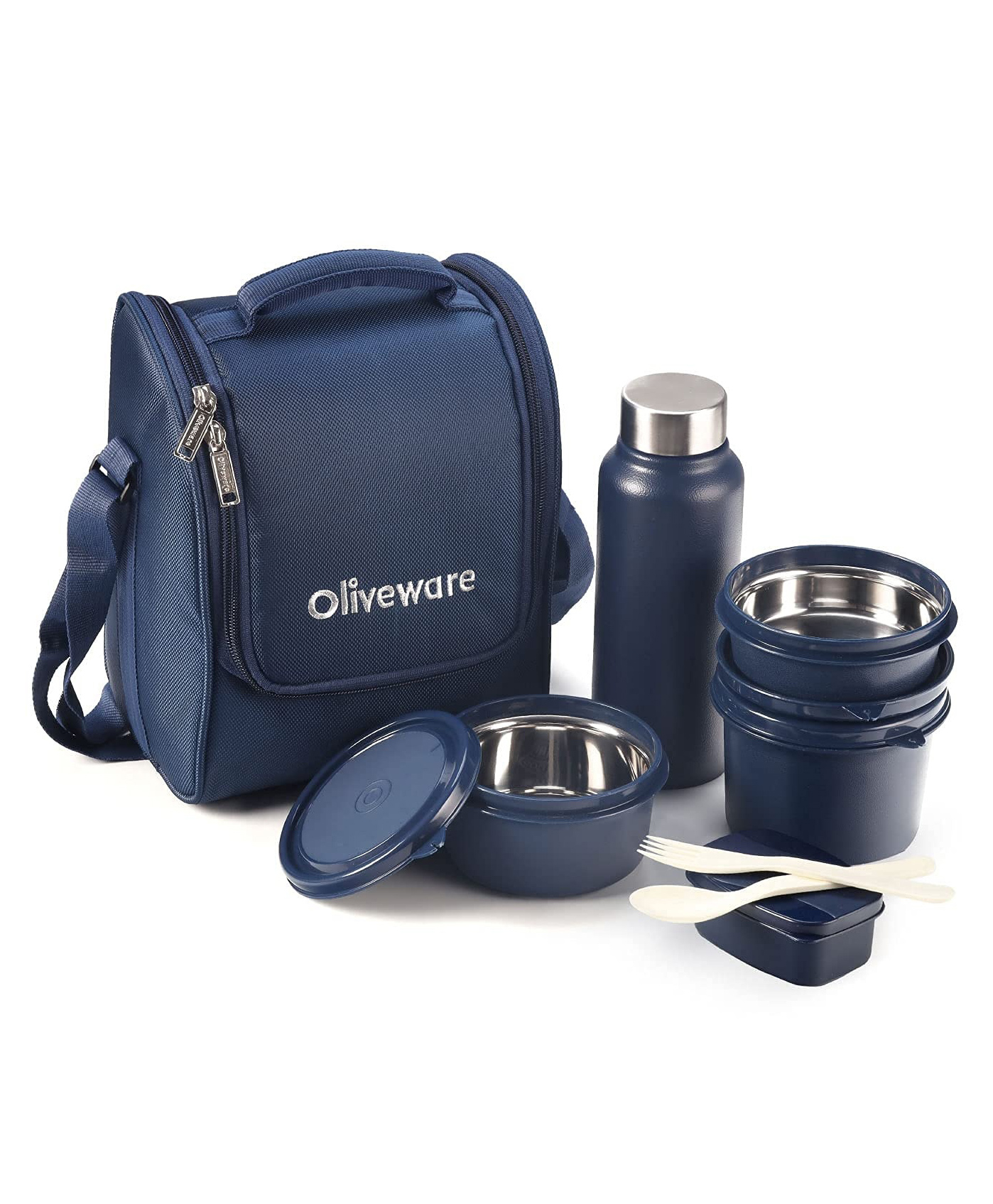Oliveware Teso Lunch Box With Plastic Cutlery,3 Microwave Safe, Plastic Pickle Box and Steel Water Bottle-Blue-picture-15