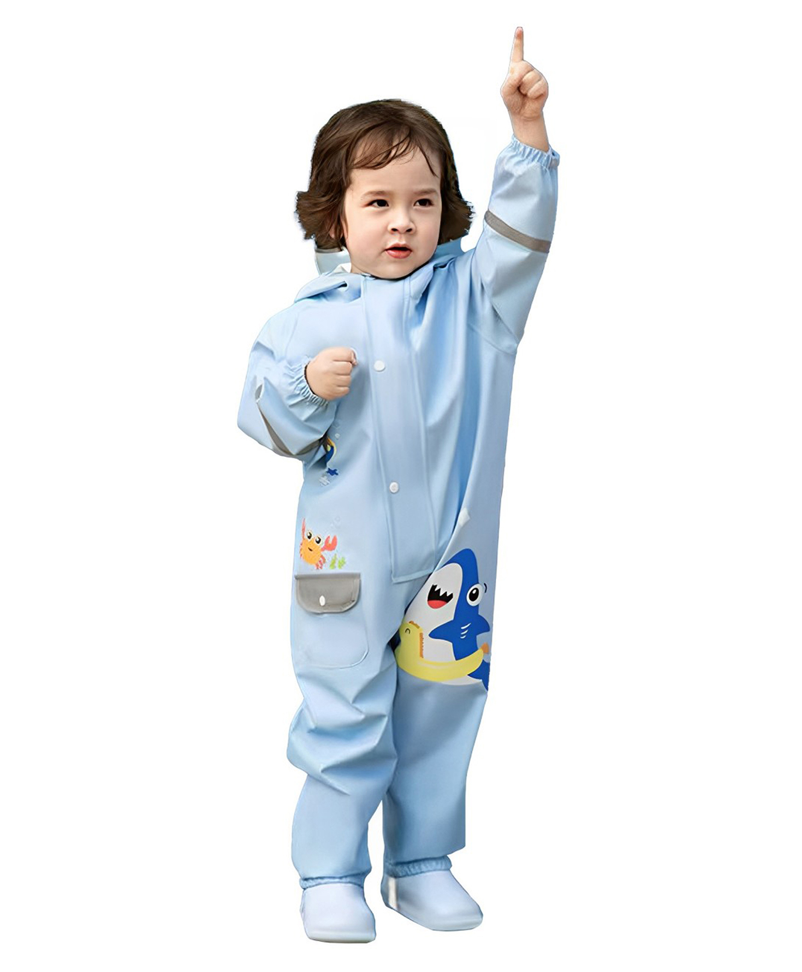 Little Surprise Box Full Sleeves Submarine Theme Printed Jumpsuit Style Rain Coat - Light Blue-picture-13