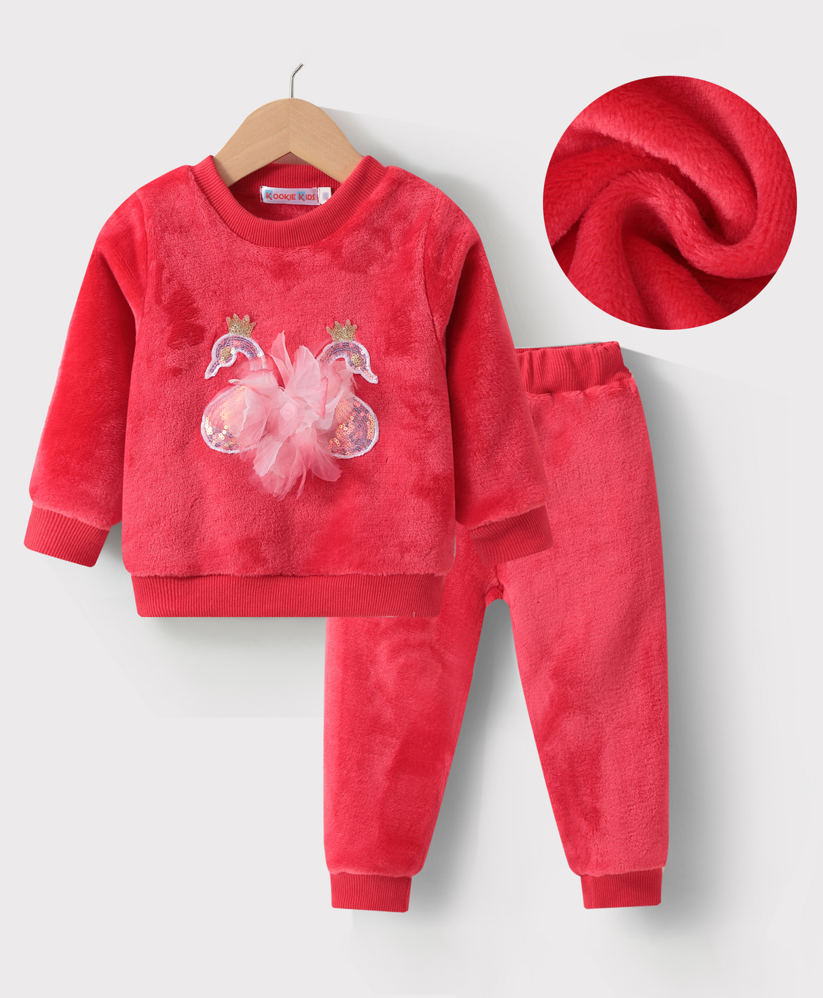 Kookie Kids Full Sleeves Top & Lounge Pants Set With Sequins & Floral Applique Solid Color - Red-image-13