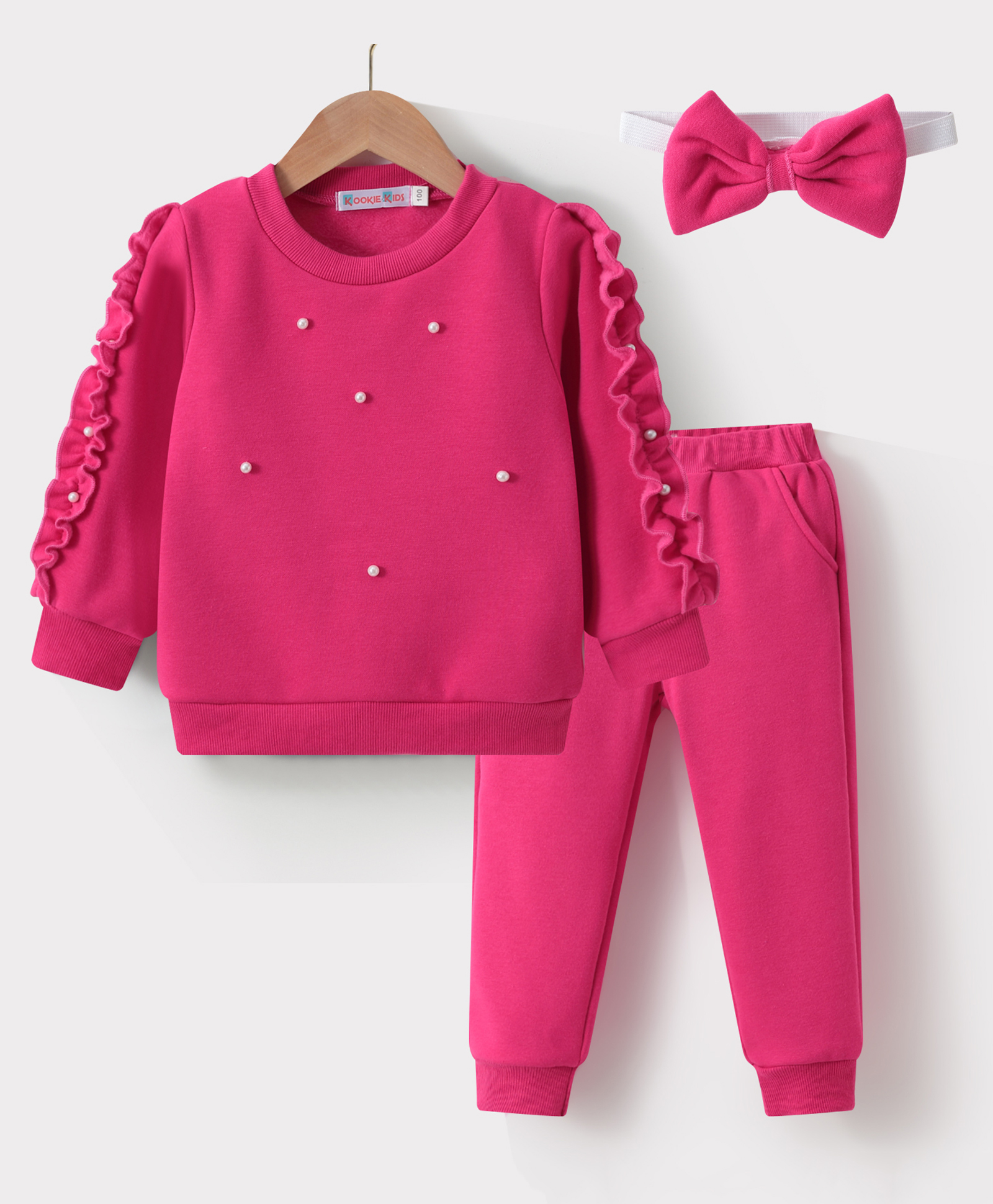 Kookie Kids Full Sleeves T-Shirt & Lounge Pants Set & Bow With Pearl Applique - Fuchsia-image-39