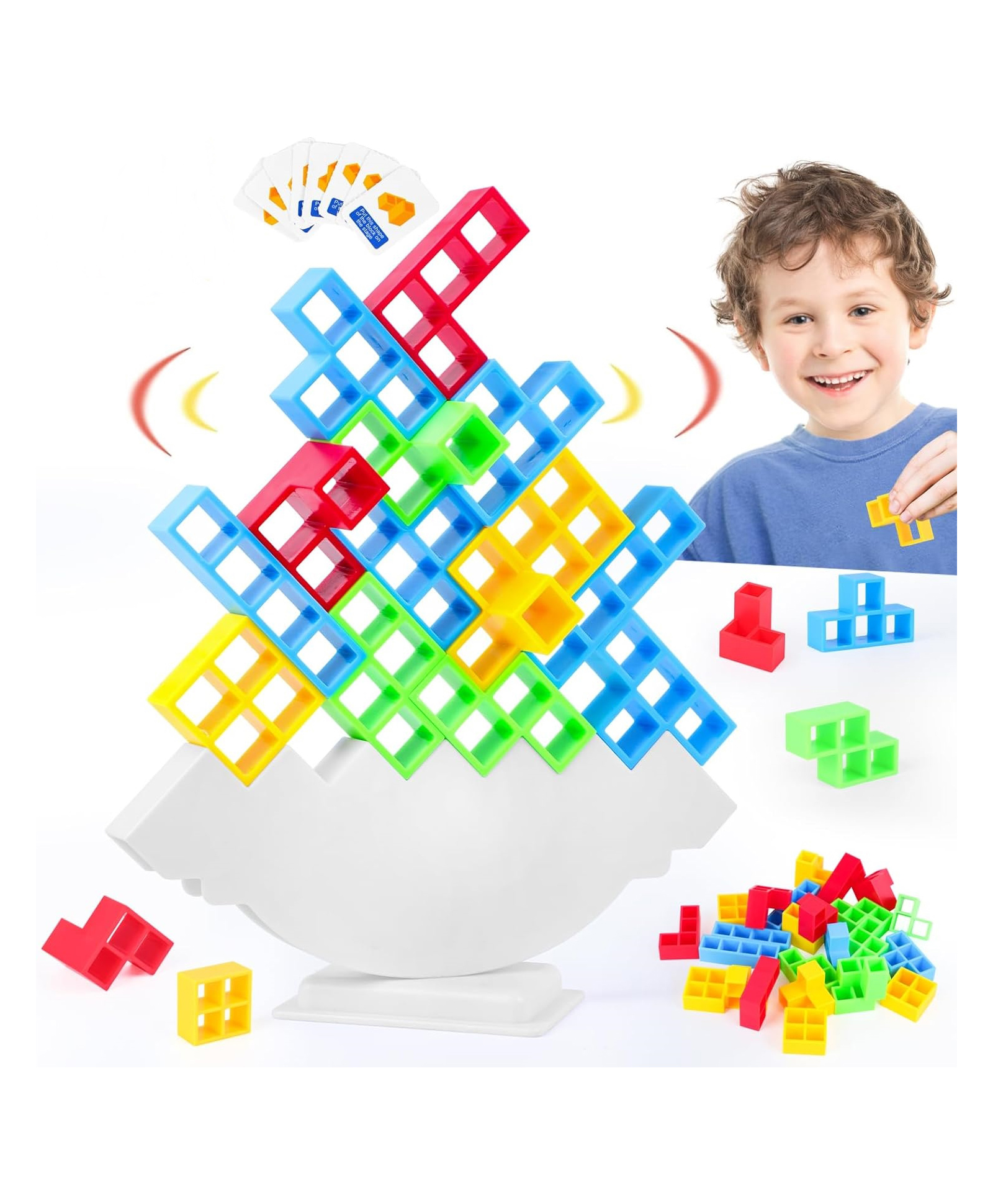 MUREN Tetra Tower Stacking Building Blocks Balance Game, Family Board Games 16 stacking building blocks 22 draw cards - Multicolor-picture-15