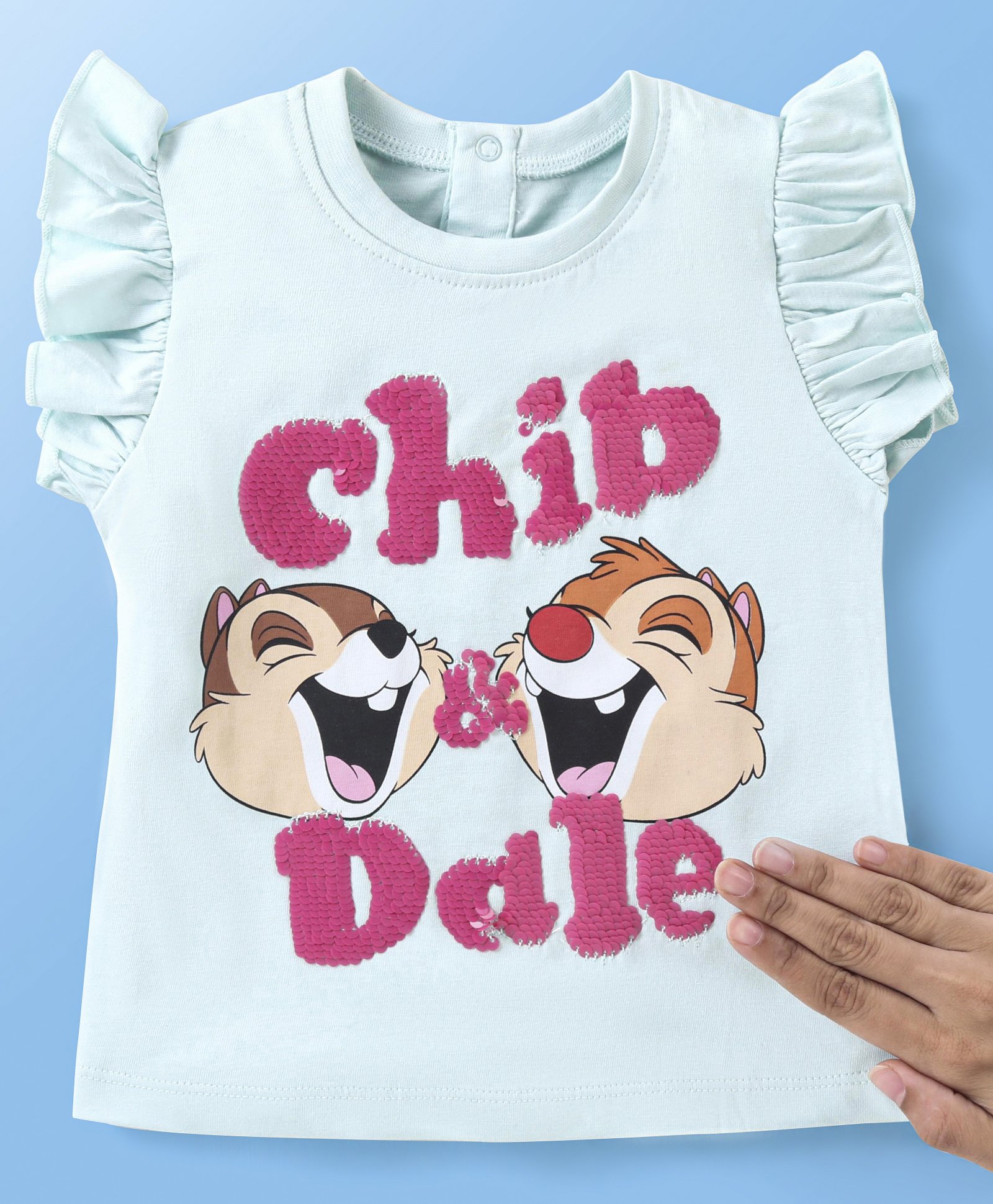 Babyhug Disney Cotton Knit Frill Sleeves Tee With Chip'n Dale Reversible Sequins - Blue-picture-10