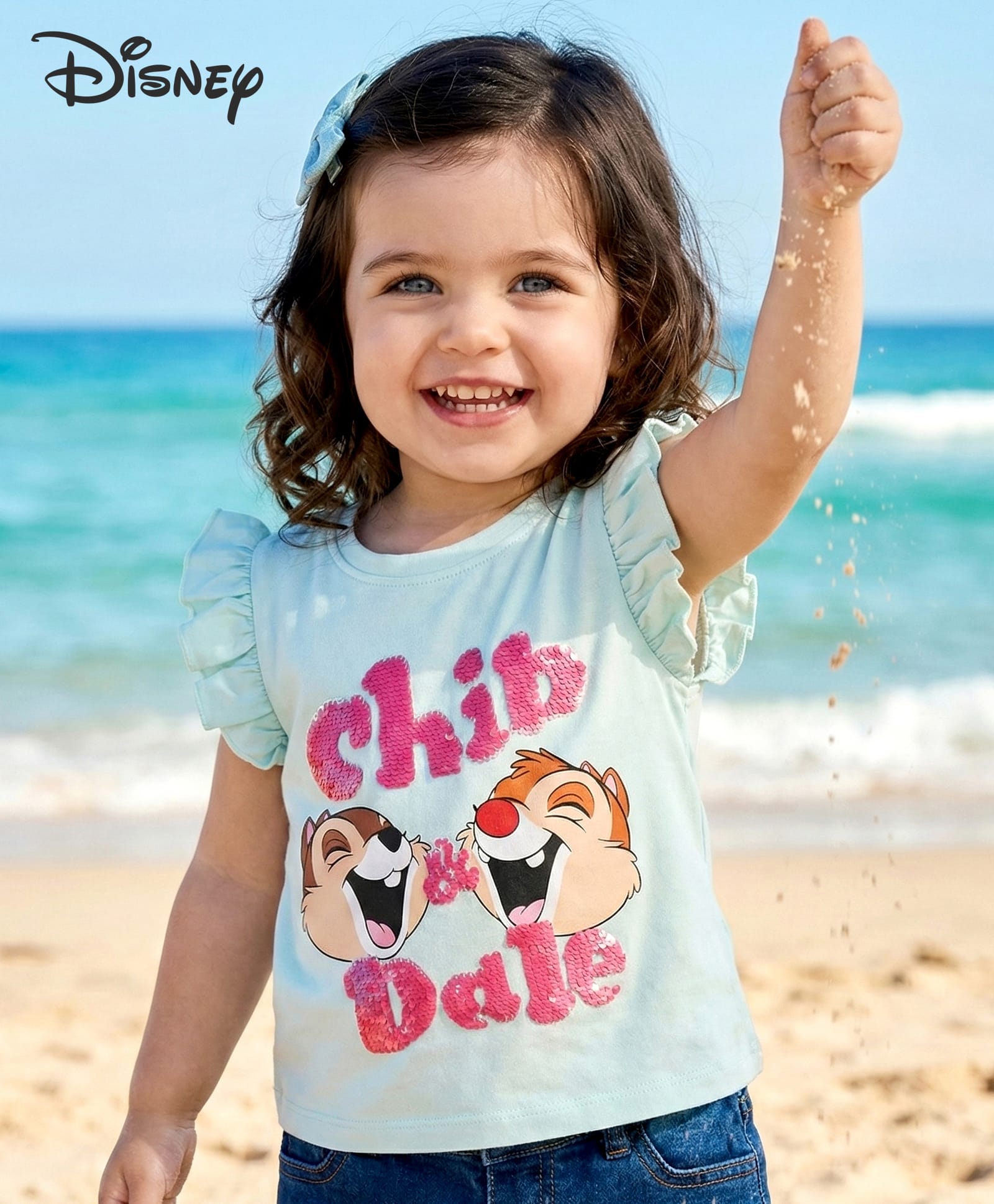 Babyhug Disney Cotton Knit Frill Sleeves Tee With Chip'n Dale Reversible Sequins - Blue-image-25