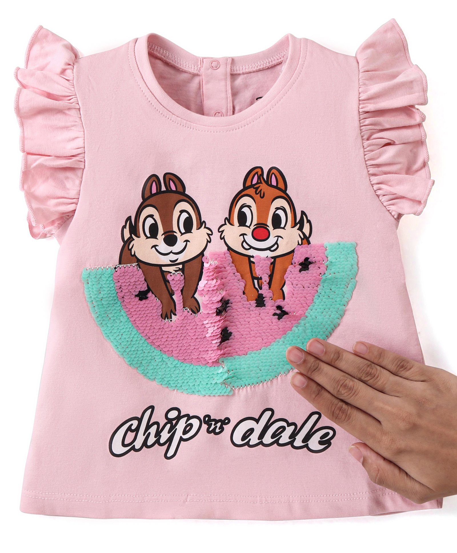 Babyhug Disney Cotton Knit Frill Sleeves Tee With Chip'n Dale Print With Reversible Sequins - Pink-picture-11