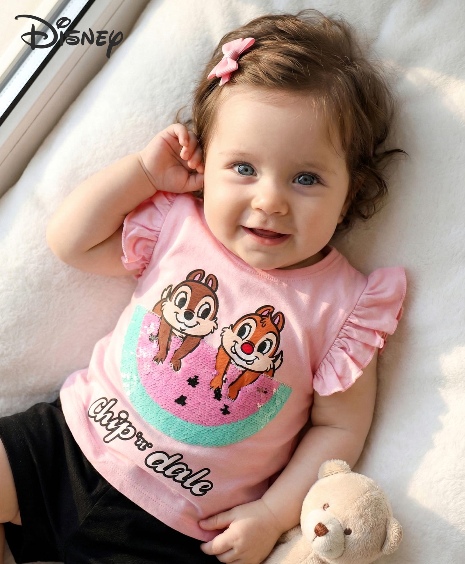 Babyhug Disney Cotton Knit Frill Sleeves Tee With Chip'n Dale Print With Reversible Sequins - Pink-image-2
