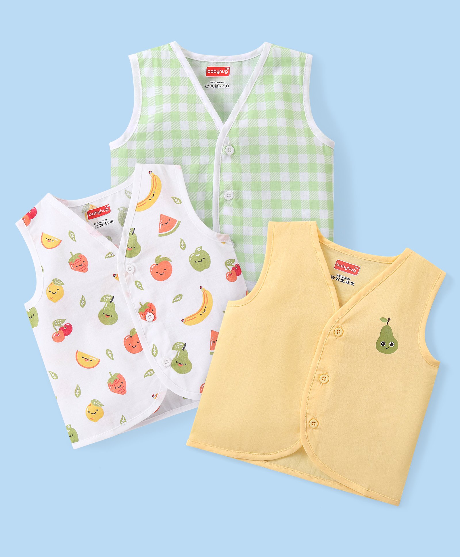 Babyhug 100% Cotton Knit Sleeveless Checkered & Printed Set Of Vests Pack Of 3 - Multicolor-picture-17