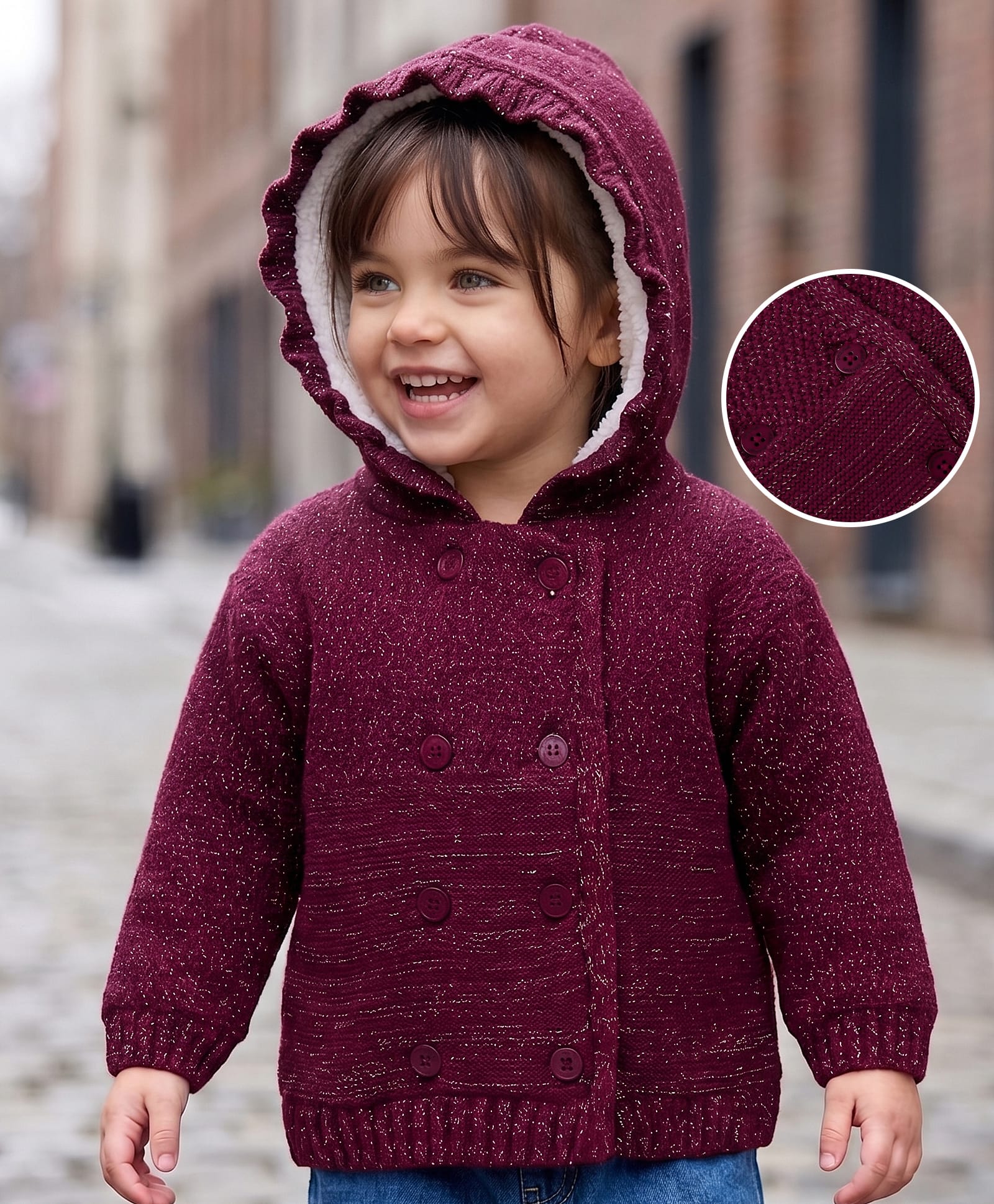 Babyoye Knitted Full Sleeves Solid Colour Front Open Hooded Sweater with Shimmer Detailing - Wine-image-40