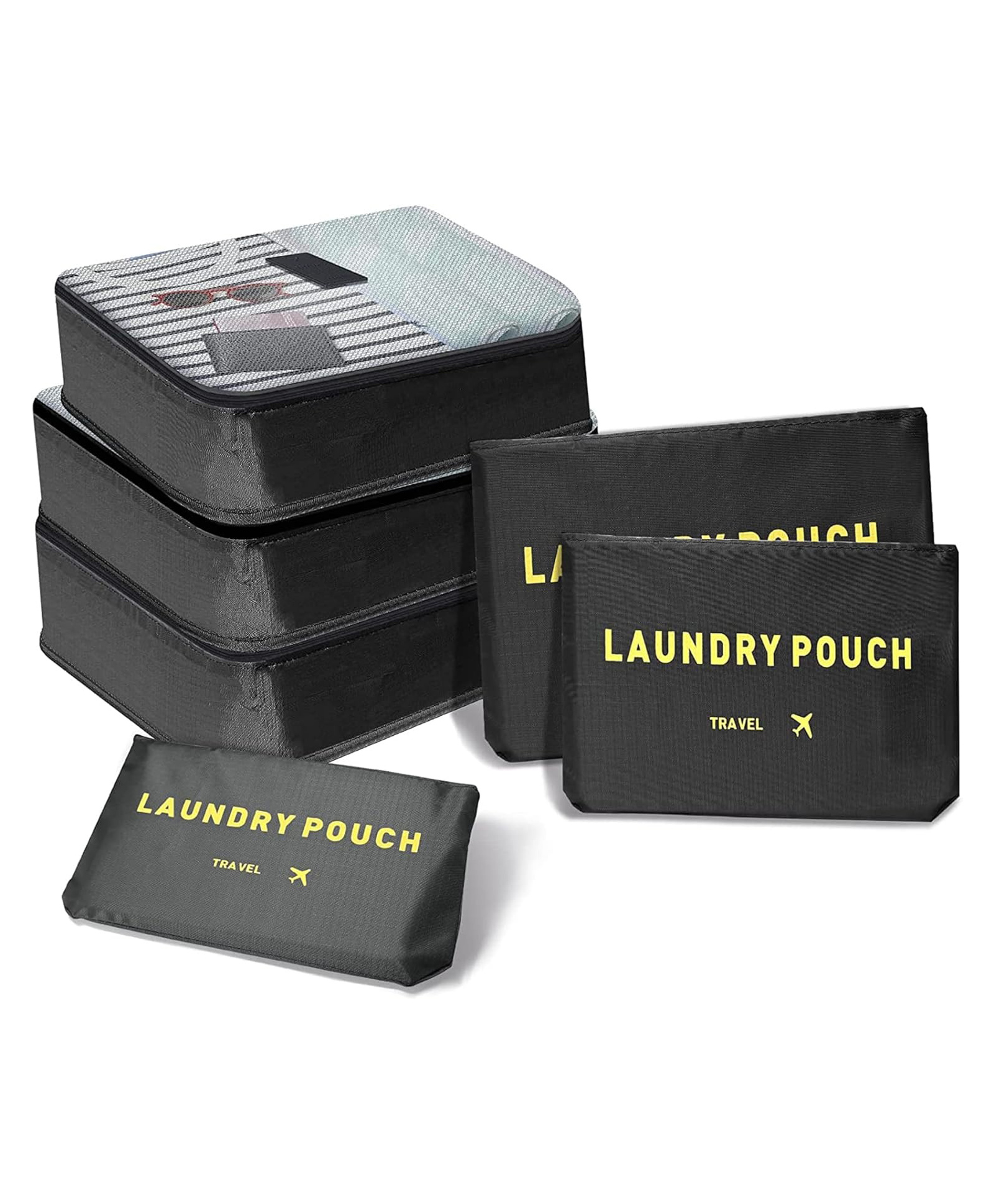 House of Quirk Travel Storage Printed Clothes Packing Cubes Space Savers Bags Cosmetic Shoes Organizer Pouch (Pack of 6 Black) Polyester-image-8