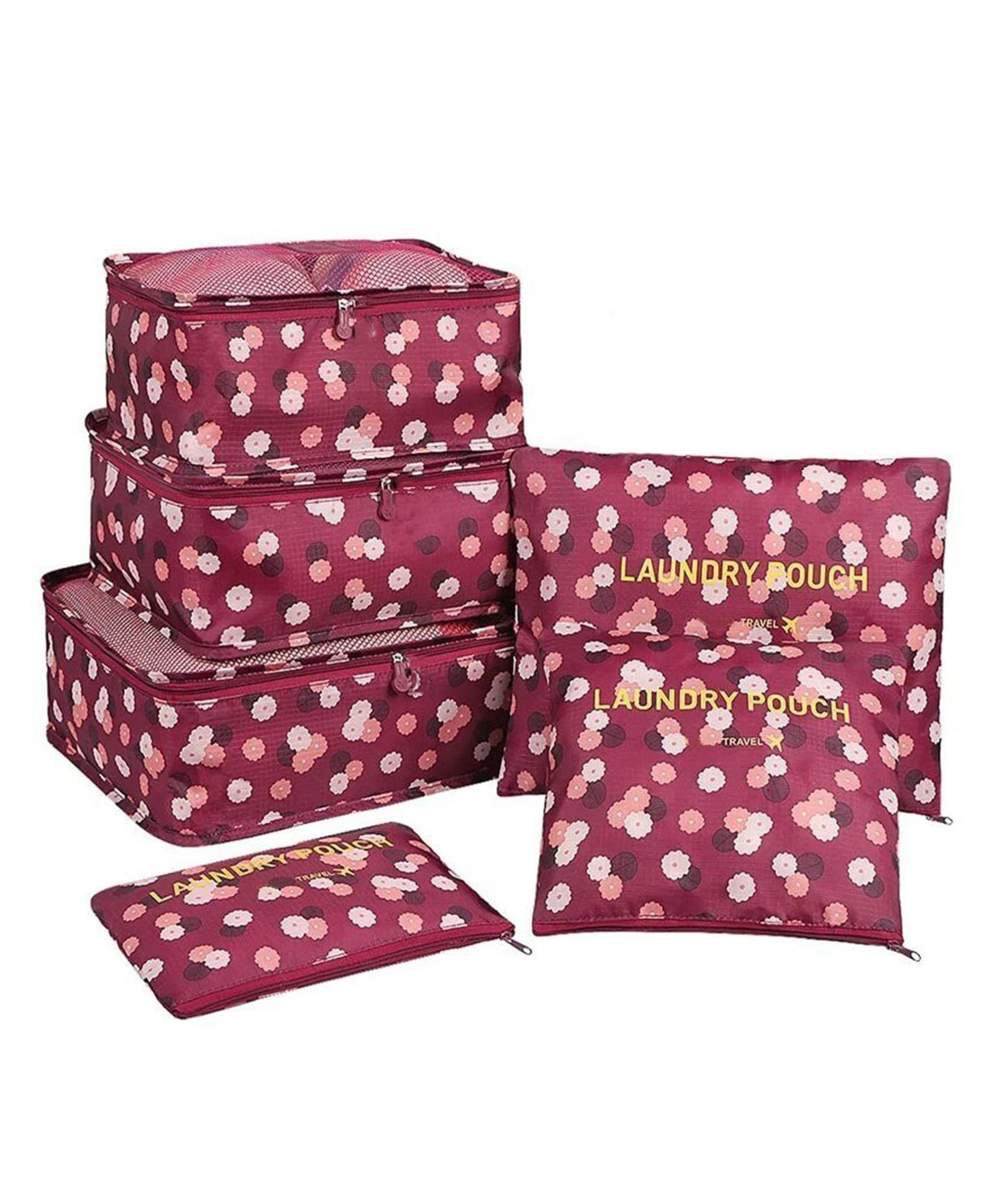 House of Quirk Travel Storage Printed Clothes Packing Cubes Space Savers Bags Cosmetic Shoes Organizer Pouch (Pack of 6 Maroon Flower) Polyester-image-42