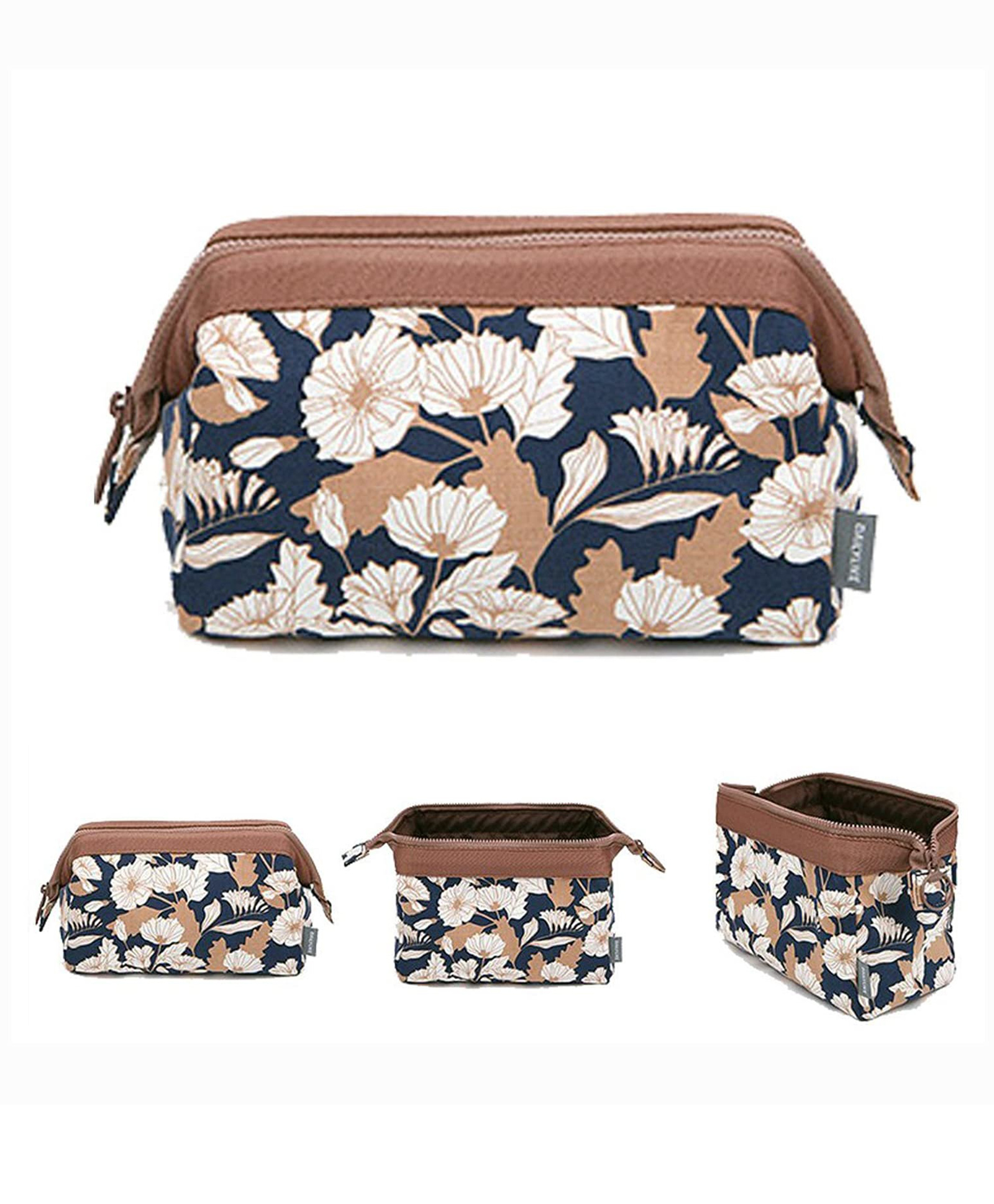 House of Quirk 8 Cms Toiletry Kit Women Jewelry Organizer Electronics Accessories Hard Drive Carry Case Portable - Brown Daisy-image-2