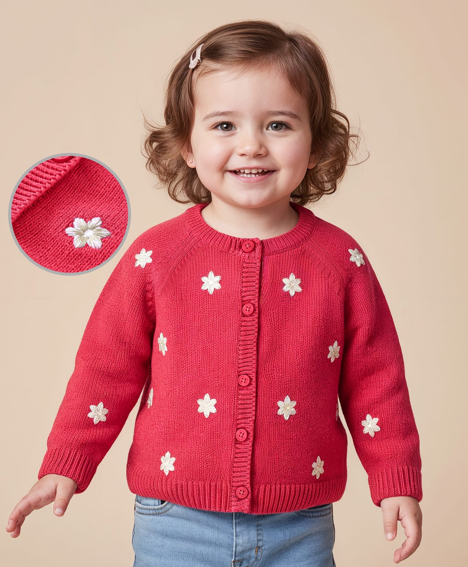 Babyoye Full Sleeves Front Open Floral Embroidery Sweater - Red-image-3