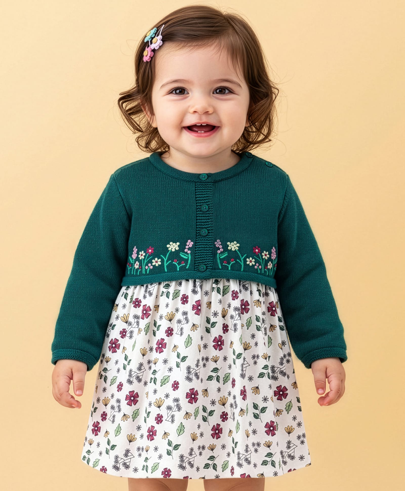 Babyoye Cotton   knit Full Sleeves Woollen Dress with Floral Print - Green-image-15